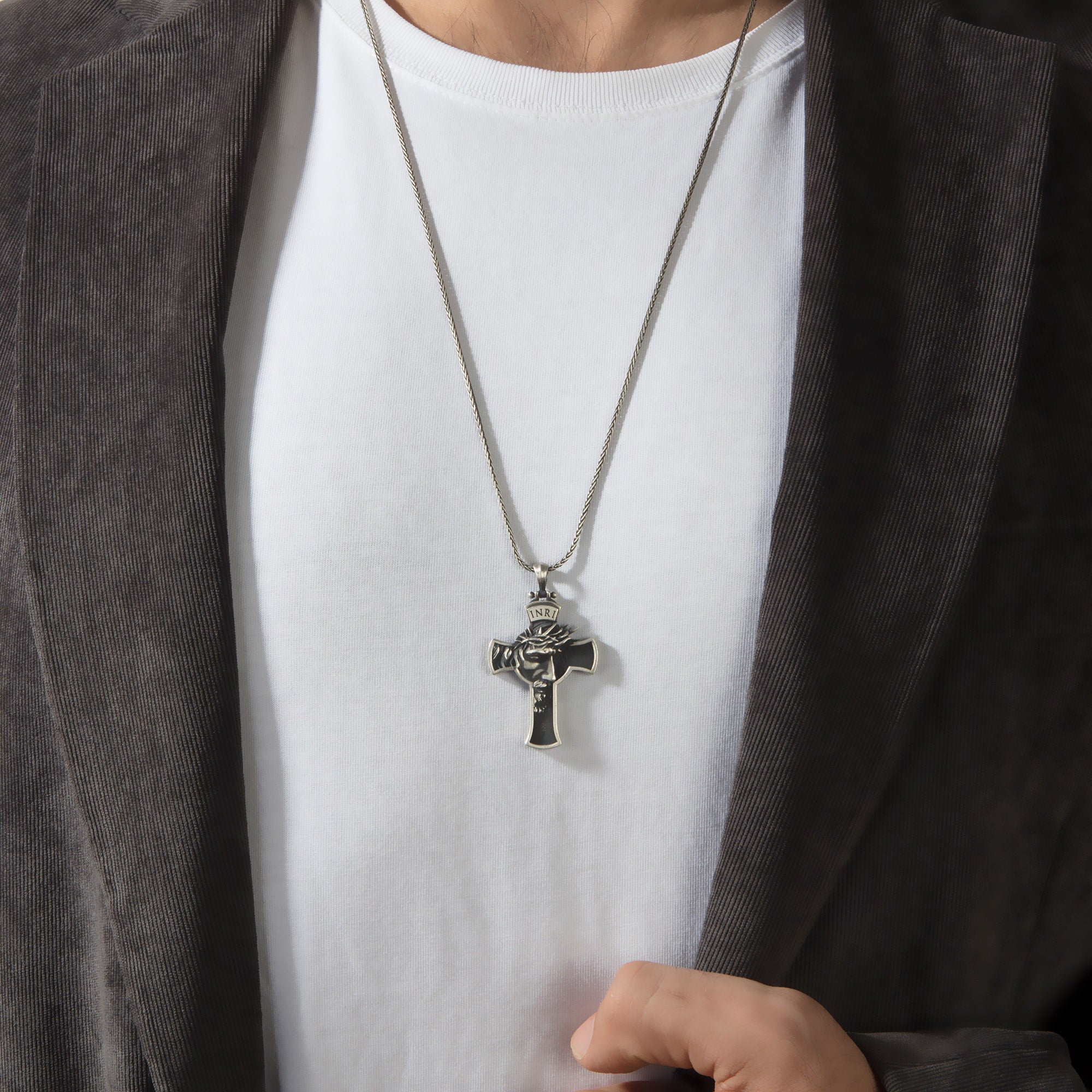 Sterling Silver Cross Necklace For Men, Jesus Crucifix Pendant, Birthday Gift For Boyfriend, Religious Jewelry, Unique Gift For Father's Day