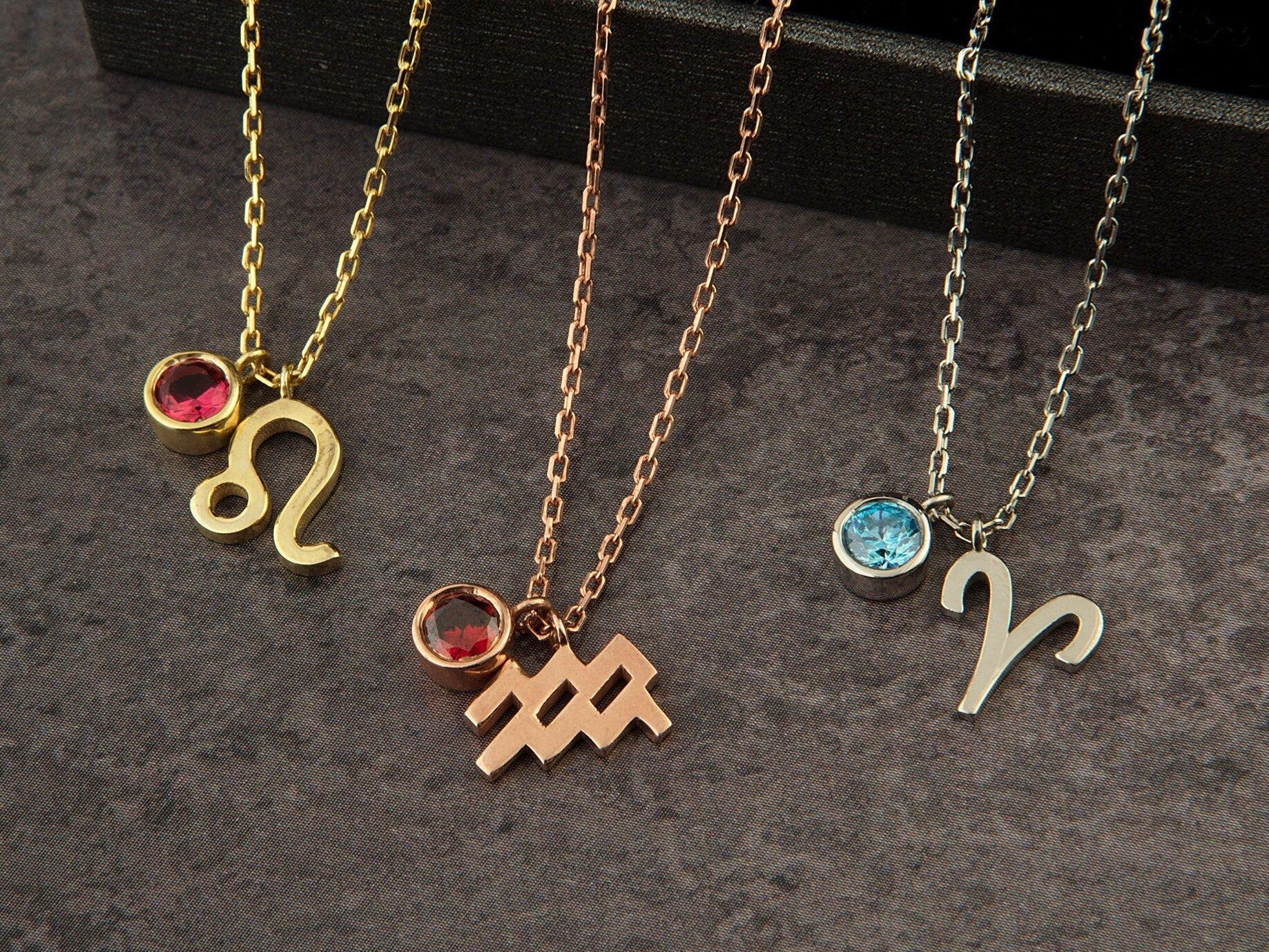 Silver Zodiac Charm Birthstone Necklace, 14K Gold Zodiac Pendant, Custom Made Birthday Gift, Zodiac Birthstone Jewelry, Gift For Mothers Day