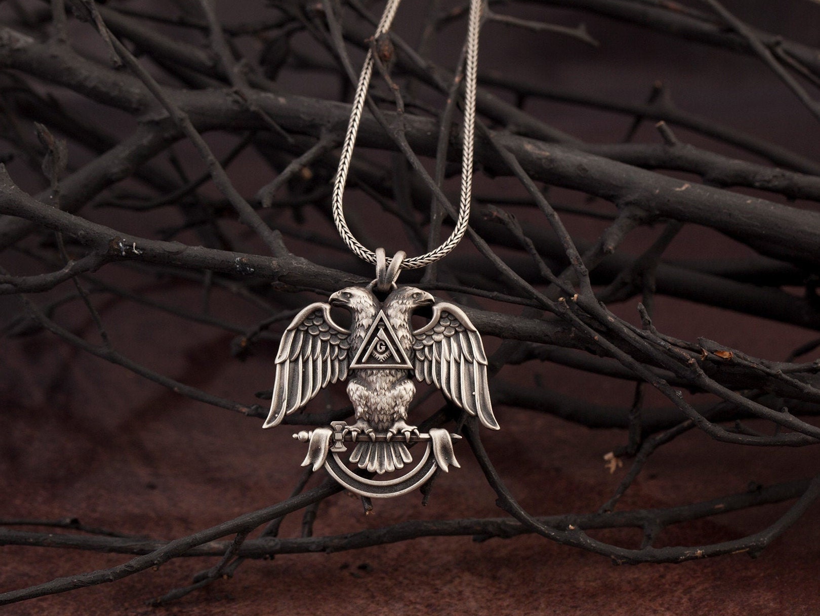 Silver Masonic Pendant, Masonic Jewelry, Freemason Necklace, Gift For Mason Mens, Double Headed Eagle Pendant, Unique Gift For Father's Day