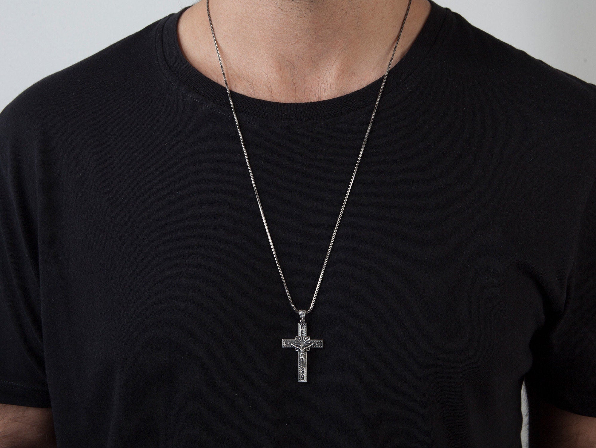 Sterling Silver Crucifix Man Necklace, Jesus Cross Pendant, Religious Gift For Father, Catholic Cross Pendant, Unique Gift For Father's Day