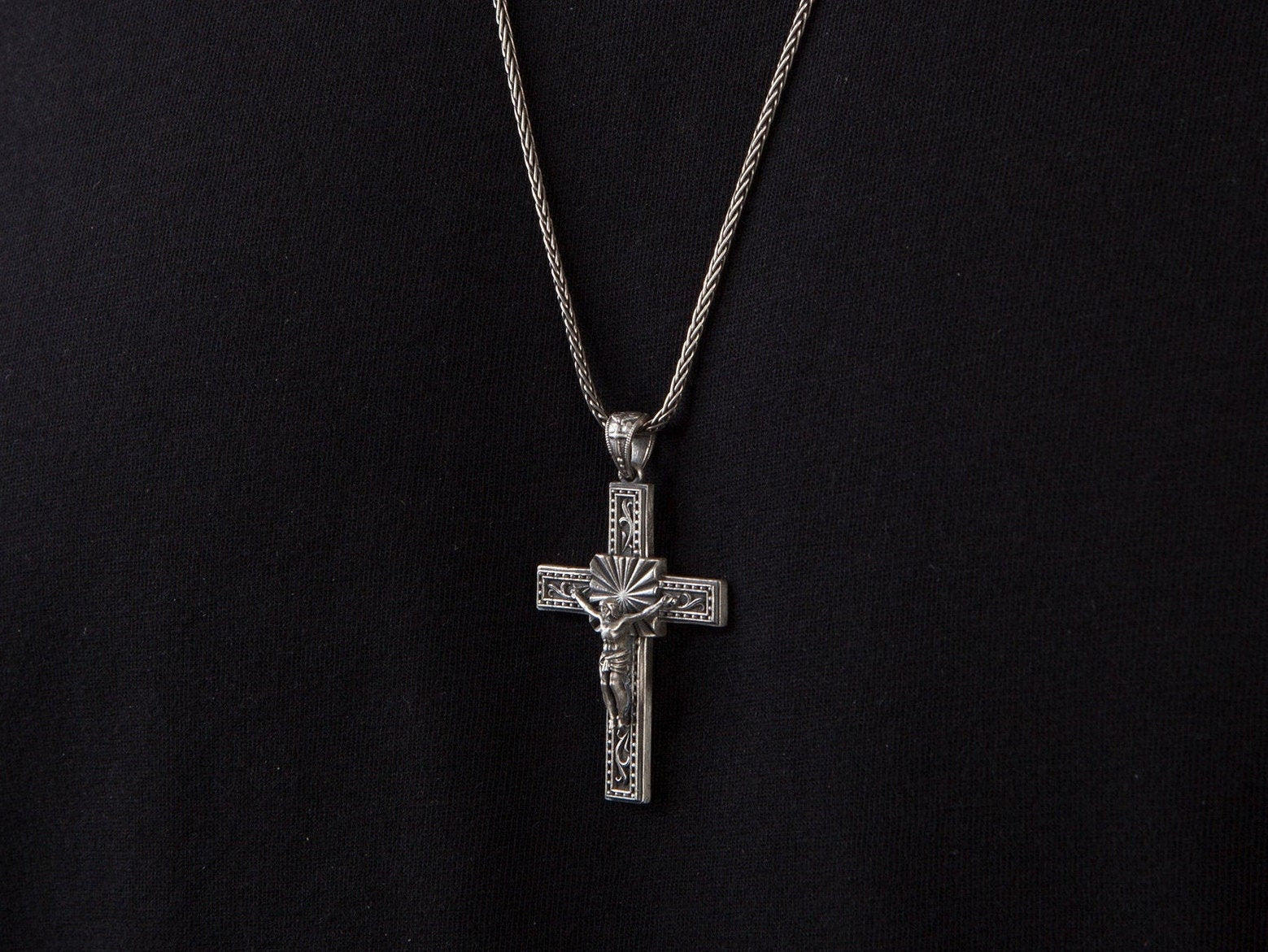 Sterling Silver Crucifix Man Necklace, Jesus Cross Pendant, Religious Gift For Father, Catholic Cross Pendant, Unique Gift For Father's Day