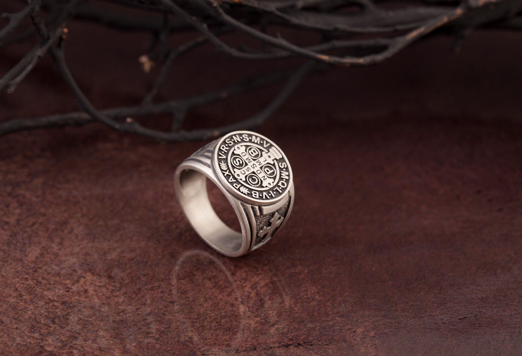 St Benedict Medal Jewelry Cross Ring, Silver Signet Mens Ring, Mens Religious Accessory, St Benedict Ring, Ring For Men, Christian Gift Ring