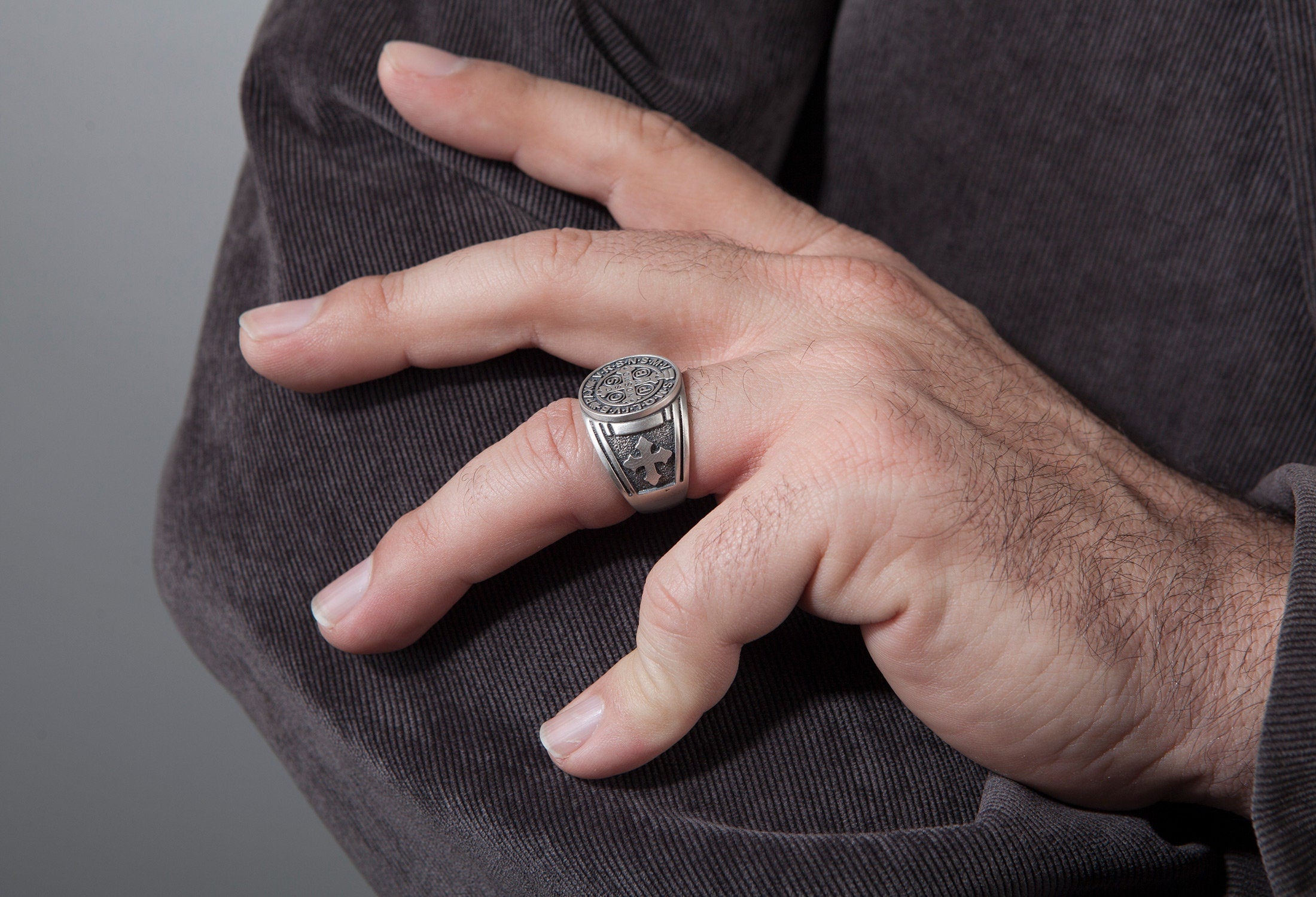 St Benedict Medal Jewelry Cross Ring, Silver Signet Mens Ring, Mens Religious Accessory, St Benedict Ring, Ring For Men, Christian Gift Ring