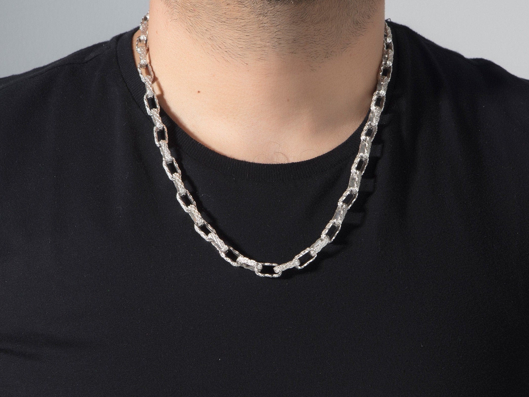 Sterling Silver Chunky Chain, Handmade Chain Necklace For Man, Jewelry Gift For Men, Patterned Chain Necklace, Unique Gift For Father's Day