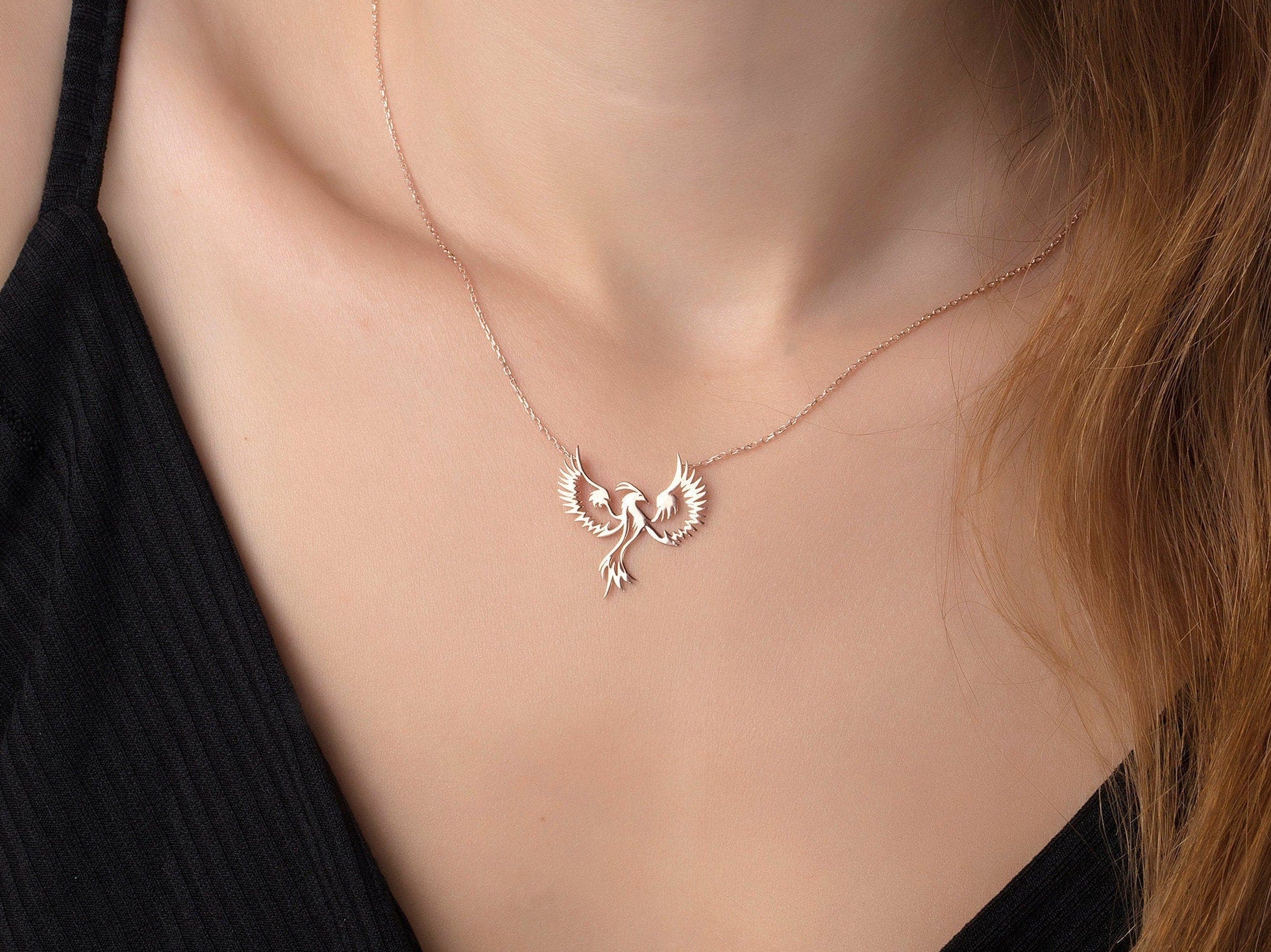 Silver Phoenix Firebird Necklace, Birthday Gifts, 14K Gold Phoenix Pendant, Gift For Mothers, Simurgh Bird Necklaces, Gift For Mothers Day