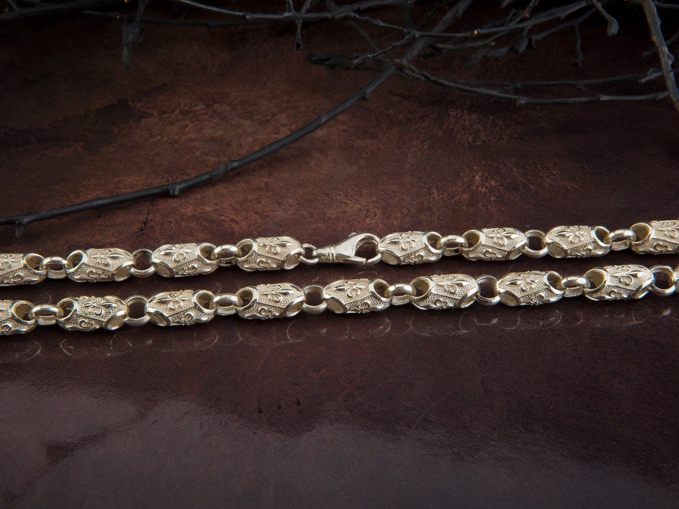 Solid Silver Byzantine Man Chain, Unique Chain Necklace, Gift For Mens, Fleur de lis Patterned Chain Necklace, Unique Gift For Father's Day