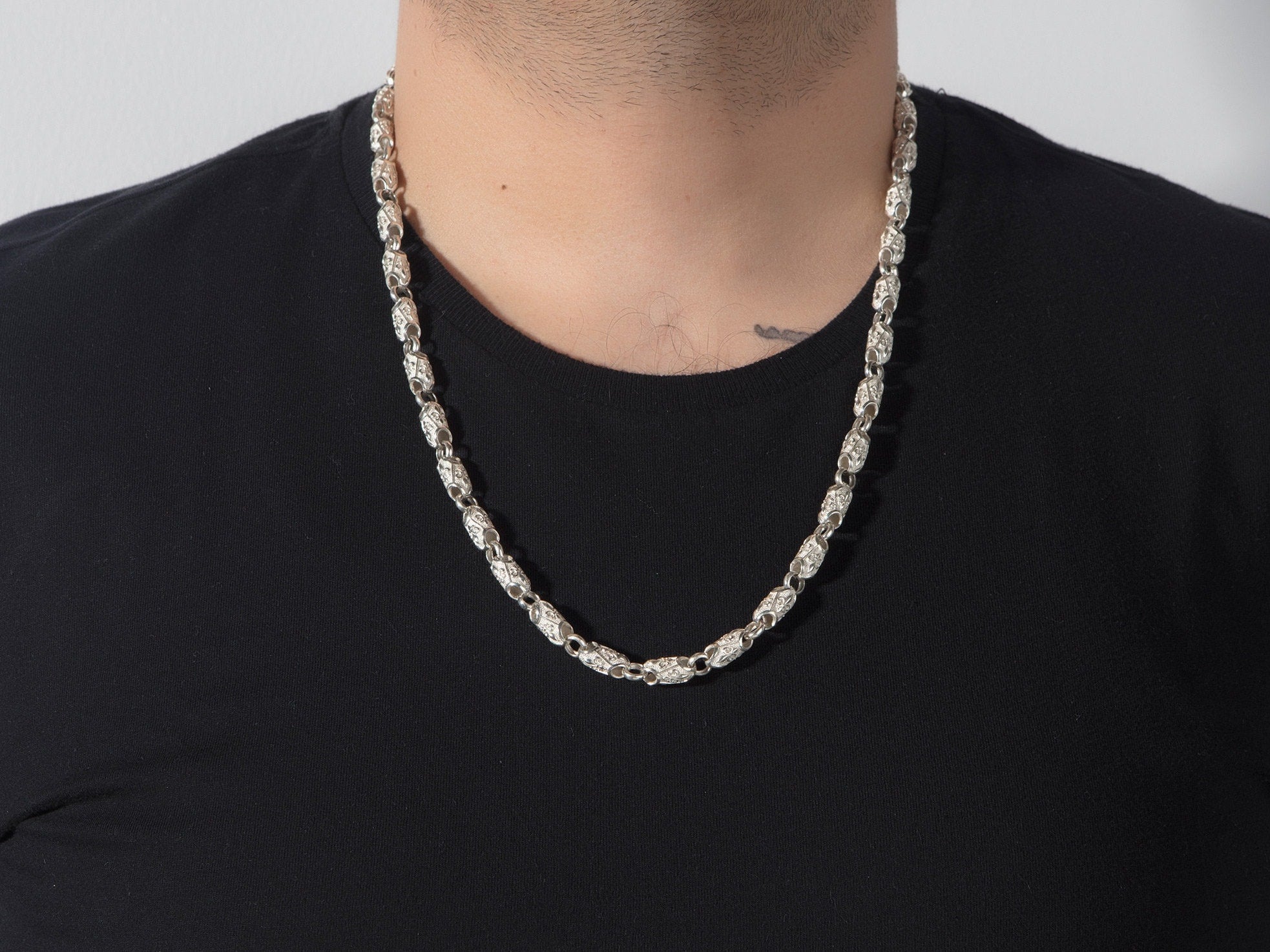 Solid Silver Byzantine Man Chain, Unique Chain Necklace, Gift For Mens, Fleur de lis Patterned Chain Necklace, Unique Gift For Father's Day