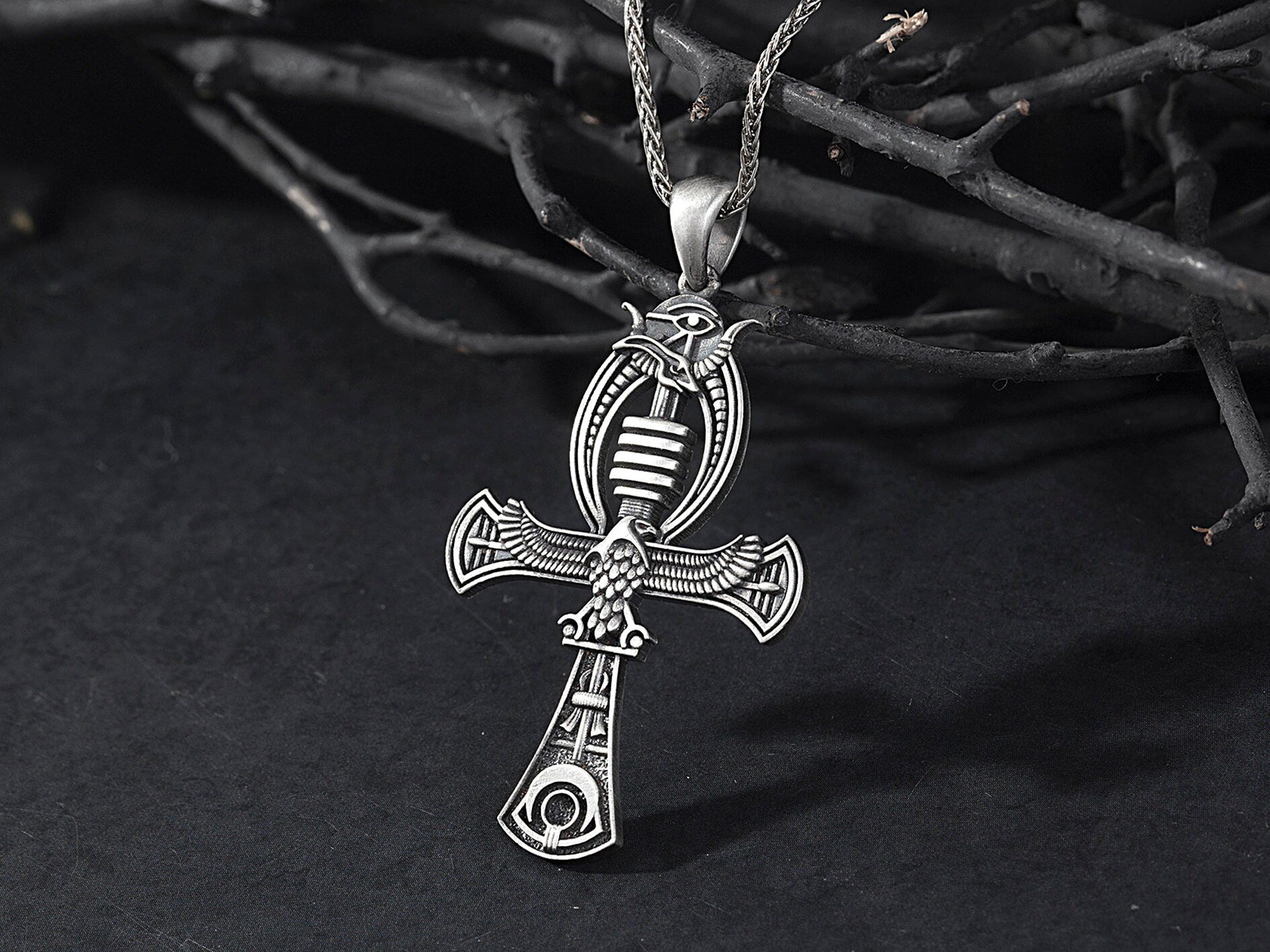 Silver Winged Goddess Necklace, Ancient Egypt Jewelry, Horus Ankh Pendant, Ancient Goddess Unisex Necklace, Unique Gift For Father's Day