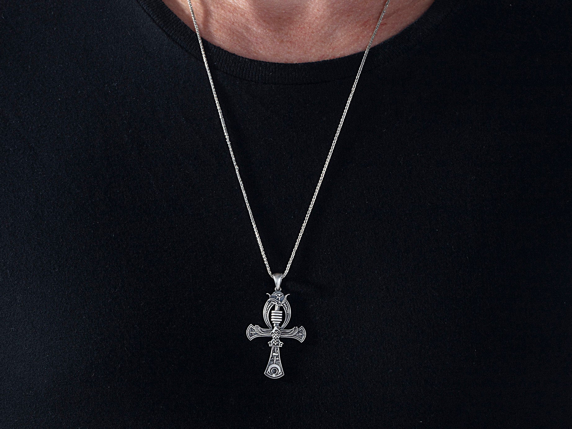 Silver Winged Goddess Necklace, Ancient Egypt Jewelry, Horus Ankh Pendant, Ancient Goddess Unisex Necklace, Unique Gift For Father's Day