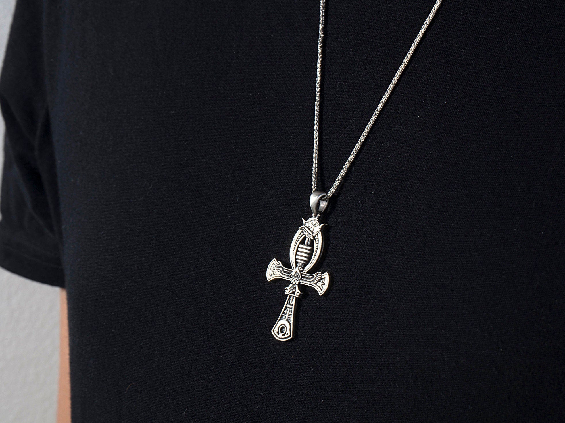 Silver Winged Goddess Necklace, Ancient Egypt Jewelry, Horus Ankh Pendant, Ancient Goddess Unisex Necklace, Unique Gift For Father's Day