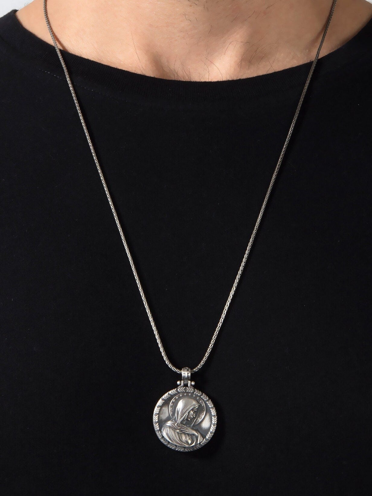 Virgin Mary Solid Silver Necklace, Miraculous Virgin Mary Pendant, Holy Mary Necklace, Religious Men Necklace, Unique Gift For Father's Day