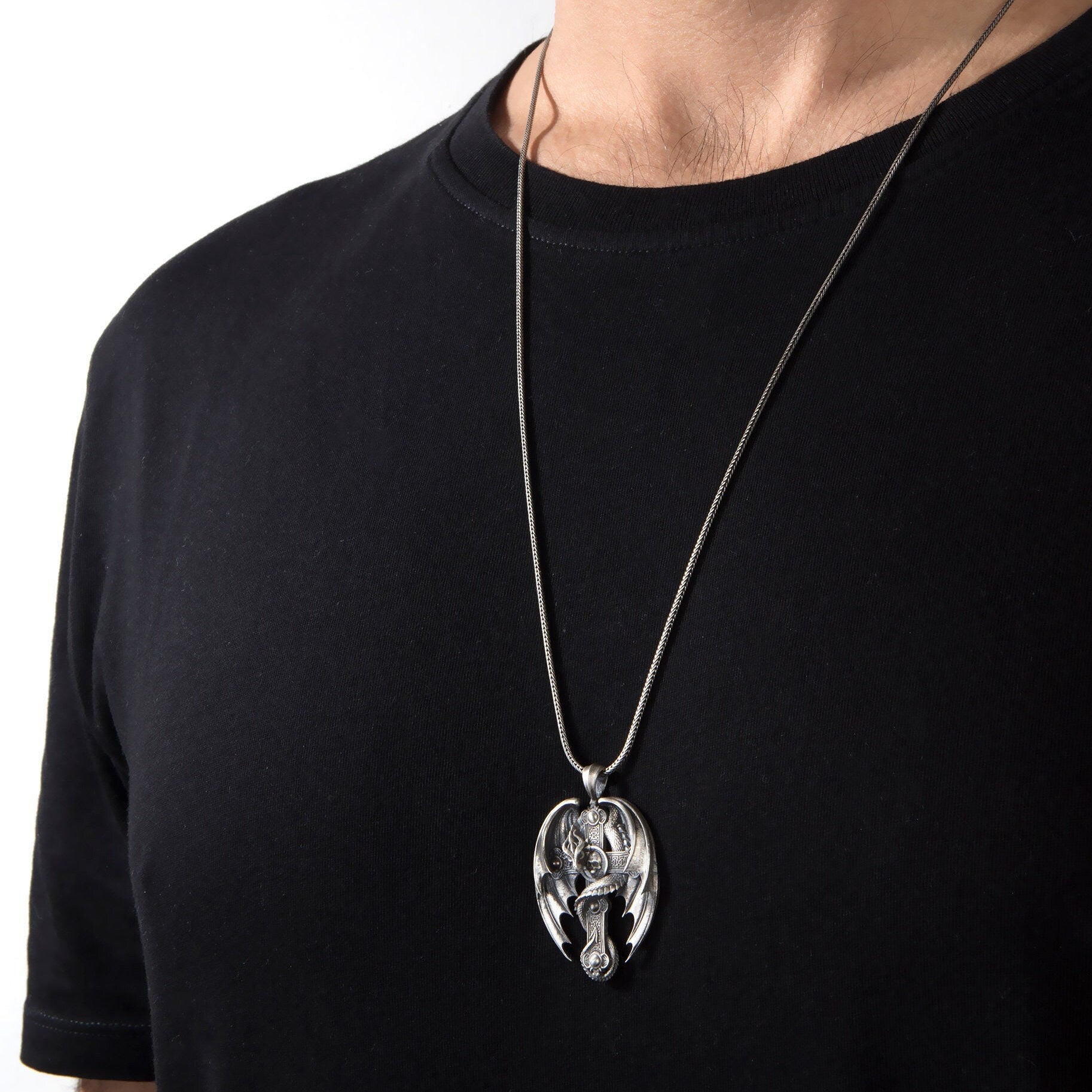 Solid Silver Dragon Necklace, Cross Pendants, Religious Jewelry, Catholic Crucifix Necklace, Gift For Fathers, Unique Gift For Father's Day