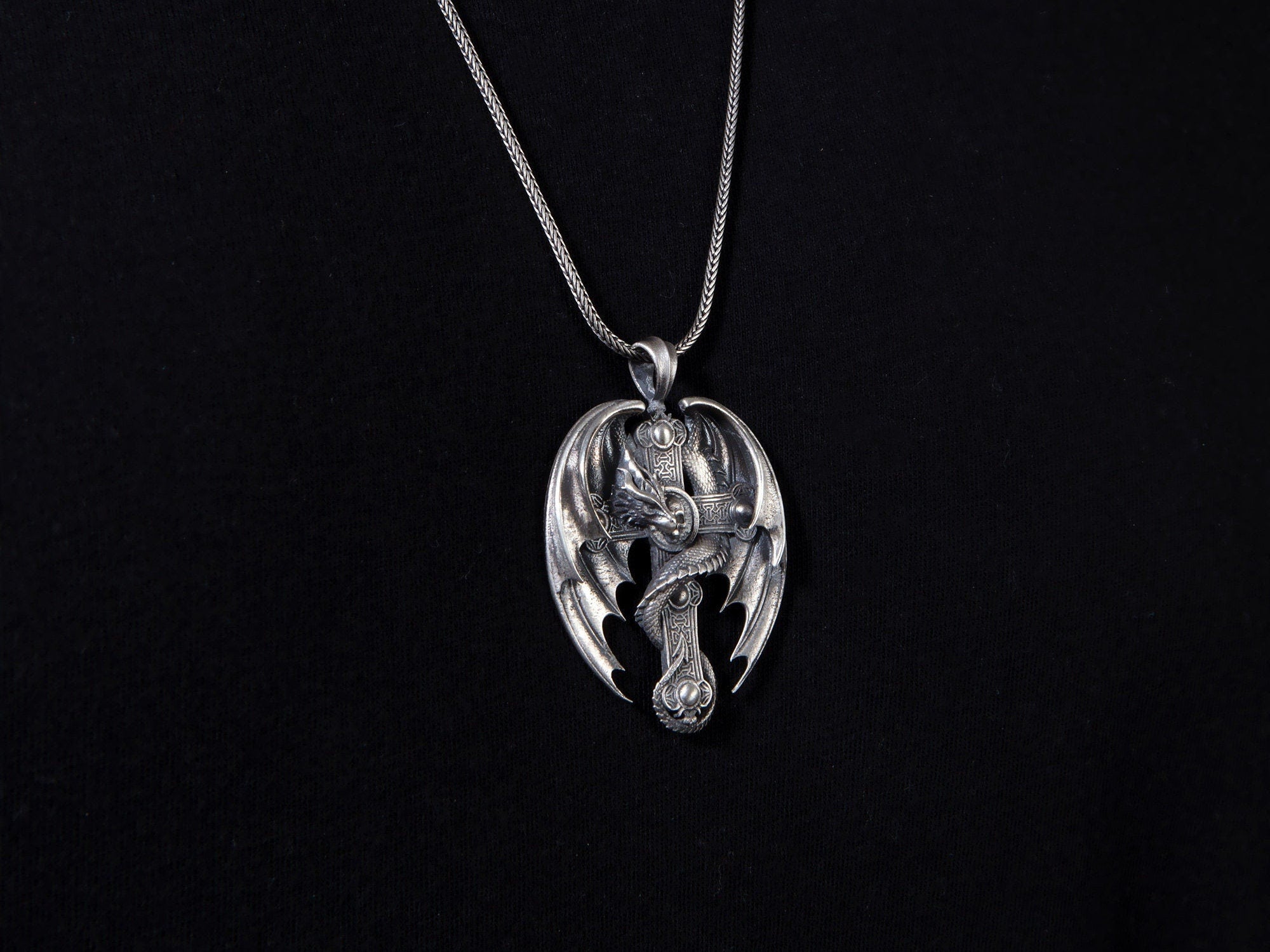 Solid Silver Dragon Necklace, Cross Pendants, Religious Jewelry, Catholic Crucifix Necklace, Gift For Fathers, Unique Gift For Father's Day