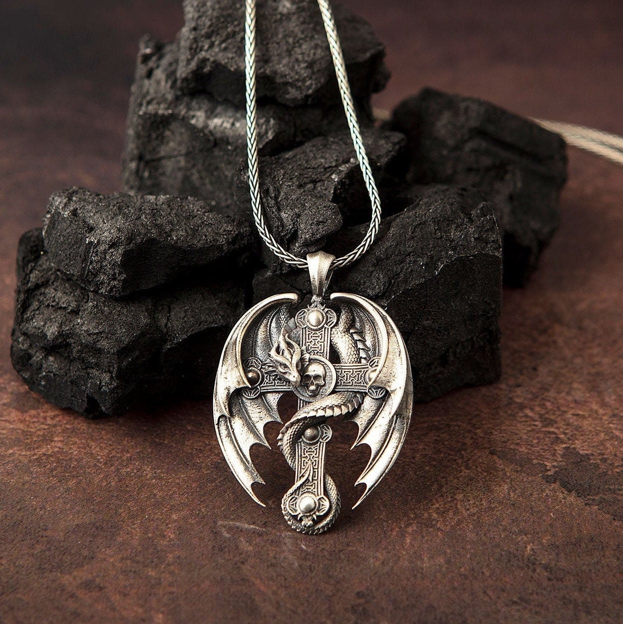 Solid Silver Dragon Necklace, Cross Pendants, Religious Jewelry, Catholic Crucifix Necklace, Gift For Fathers, Unique Gift For Father's Day