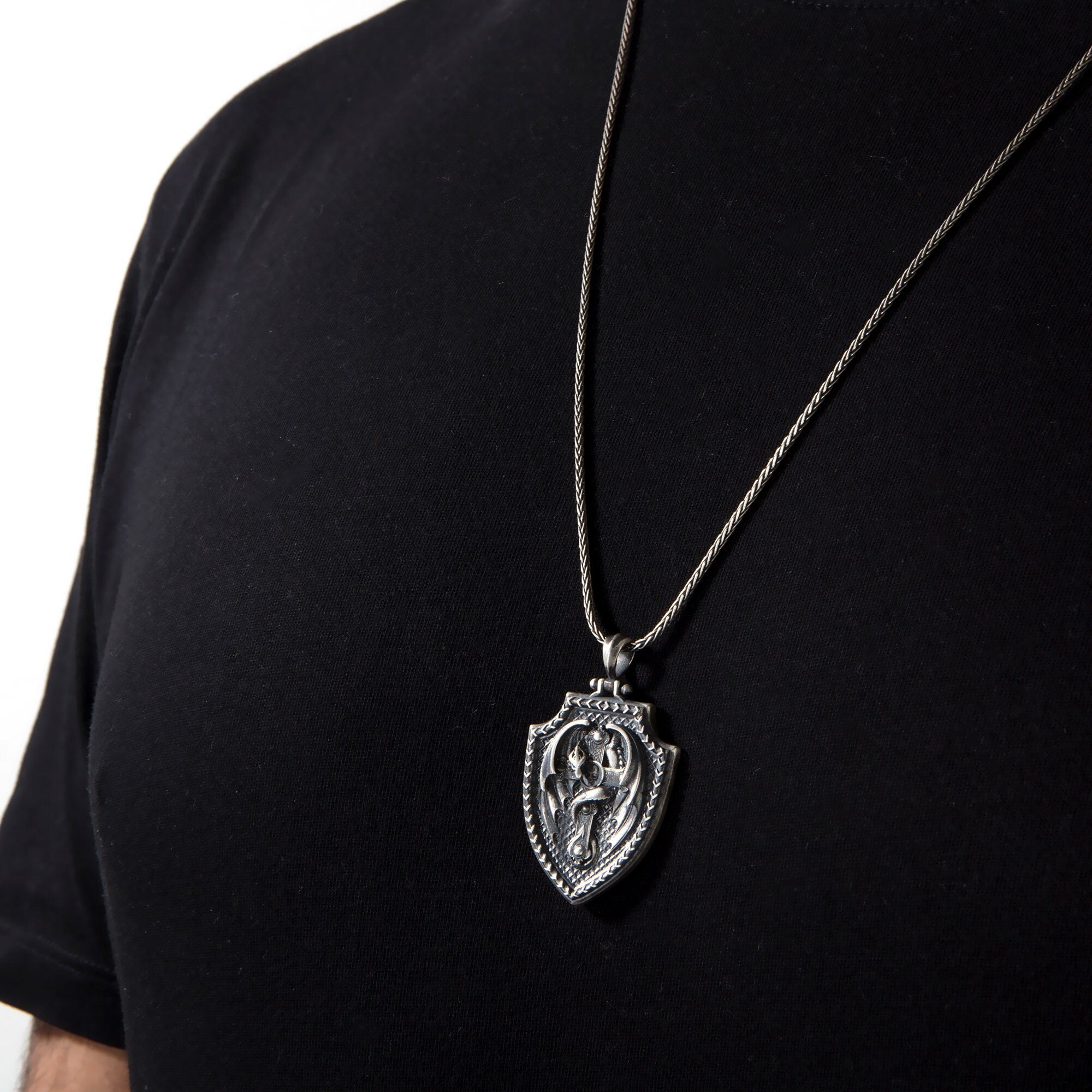 Sterling Silver Dragon Necklace, Dragon Pendant, Religious Necklaces, Gift For Husband, Cross Shield Necklace, Unique Gift For Father's Day