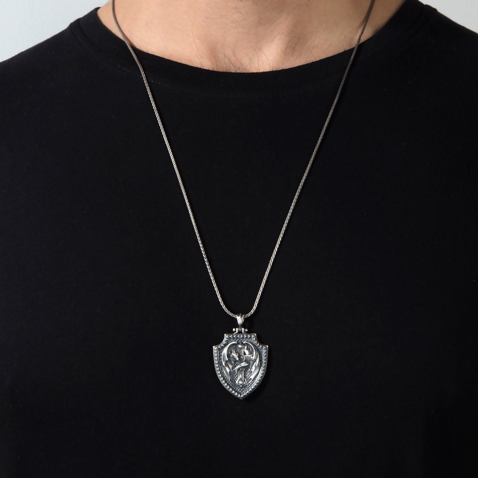 Sterling Silver Dragon Necklace, Dragon Pendant, Religious Necklaces, Gift For Husband, Cross Shield Necklace, Unique Gift For Father's Day