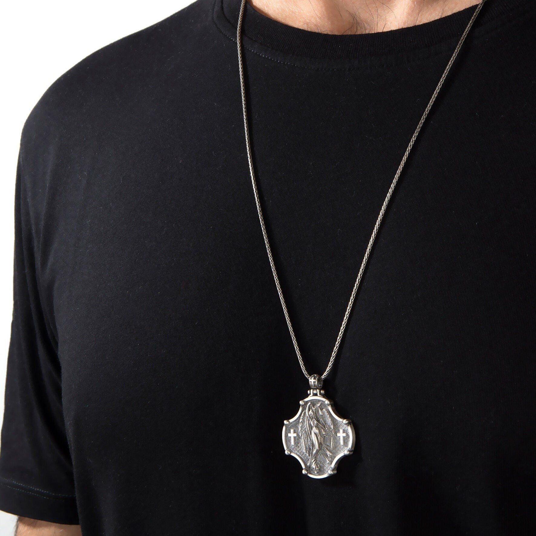 Sterling Silver Angel Pendant, Angel Wings Necklace, Christian Jewelry, Night Angel Necklace, Religious Gifts, Unique Gift For Father's Day