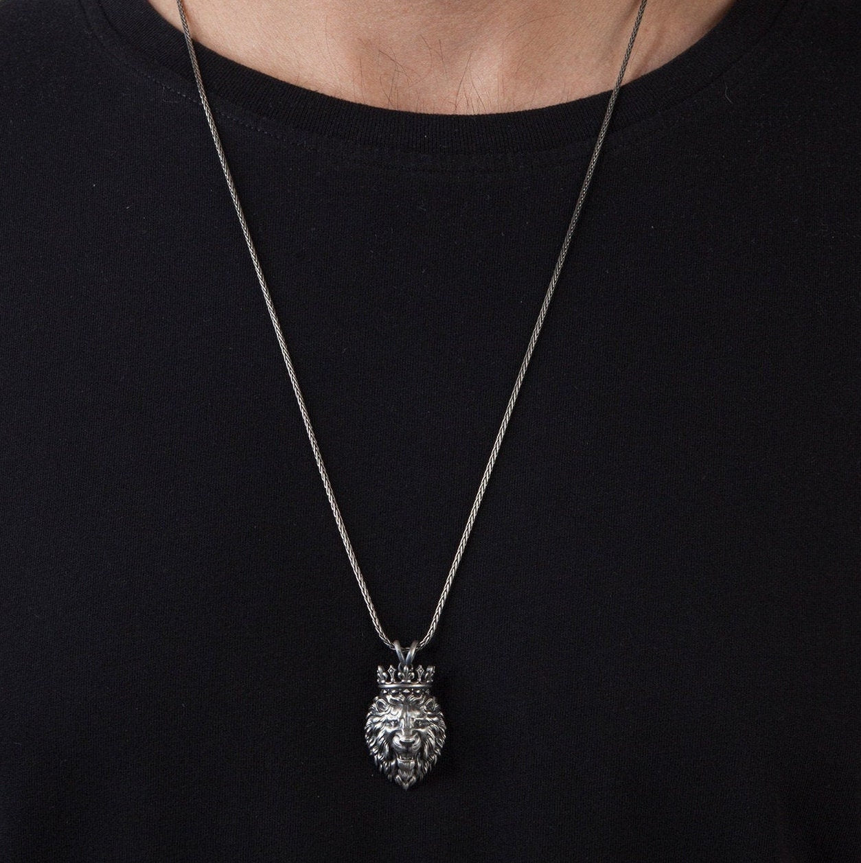 Solid Silver Lion King Necklace, Wild Lion Man Necklace, King Crown Lion Pendant, Silver Jewelry Gift For Dad, Unique Gift For Father's Day