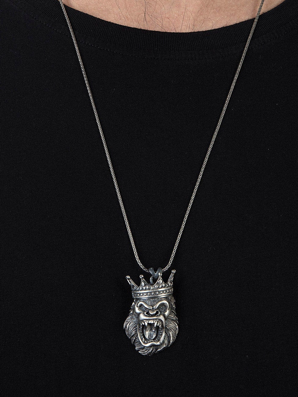 Sterling Silver Gorilla Necklace, King Crowned Gorilla Pendant, Monkey Pendant, Gift For Man, Animal Pendants, Unique Gift For Father's Day