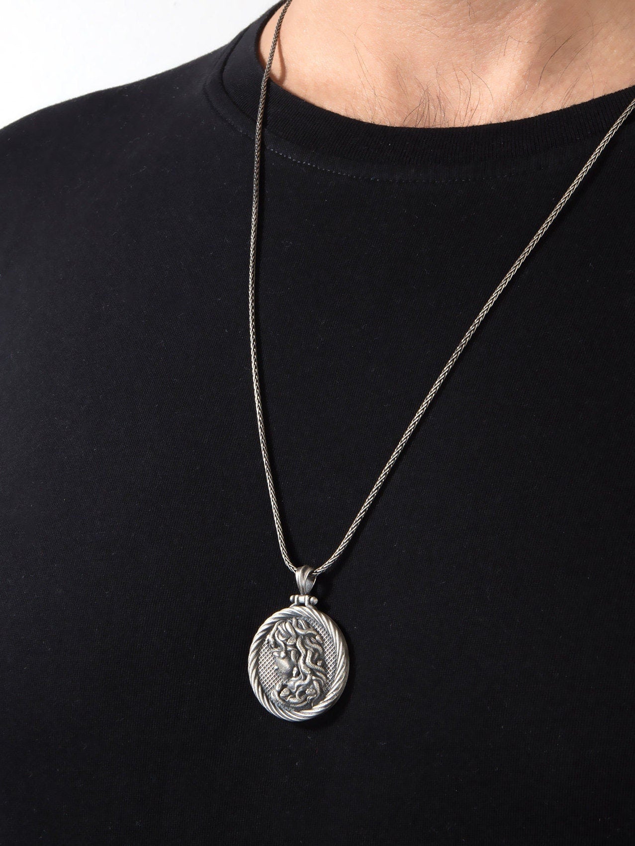 Solid Silver Medusa Necklace, Greek Mythology Man Necklaces, Ancient Medusa Head Medallion, Gift For Fathers, Unique Gift For Father's Day