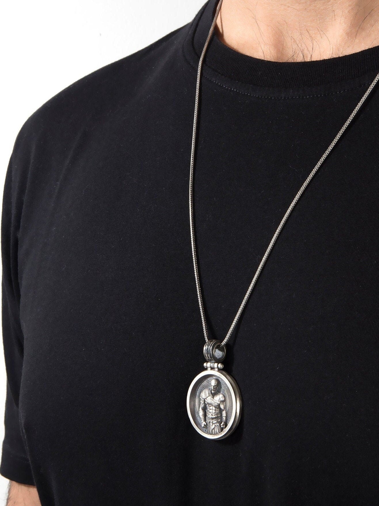 Sterling Silver Viking Men Jewelry, God Of War Kratos Necklace, Scandinavian Warrior Pendant, Gift For Father, Unique Gift For Father's Day