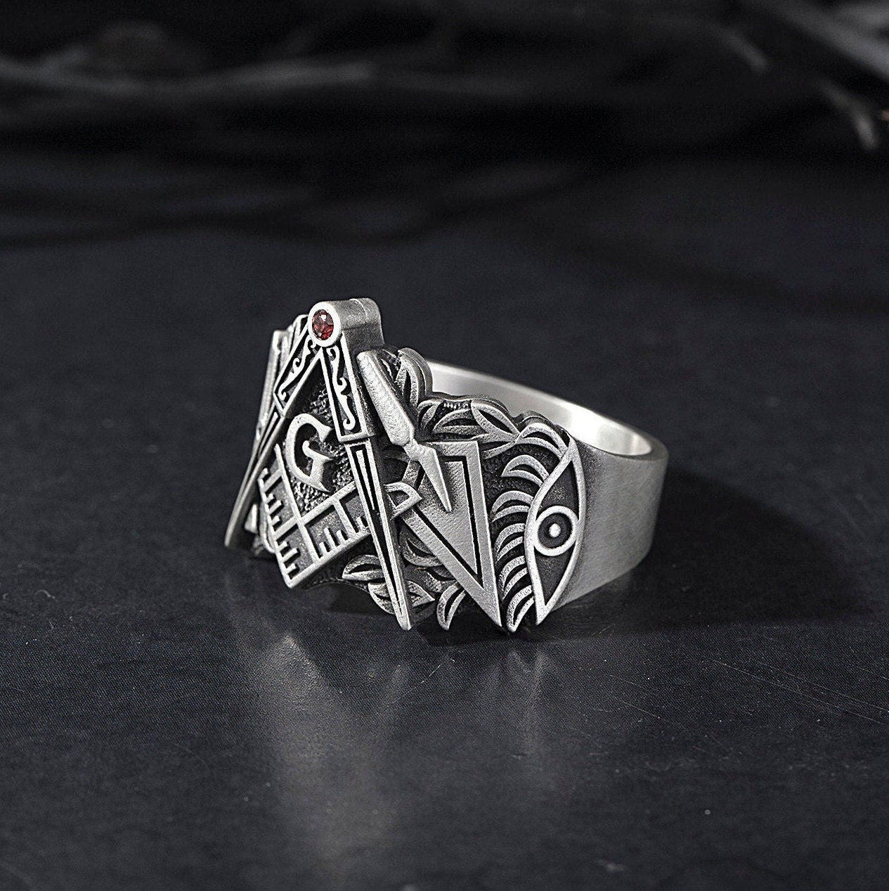 Solid Silver Masonic Compass Ring, Jewelry Gift For Mason, Master Mason Signet Ring, Freemason Statement Ring, Unique Gift For Father's Day