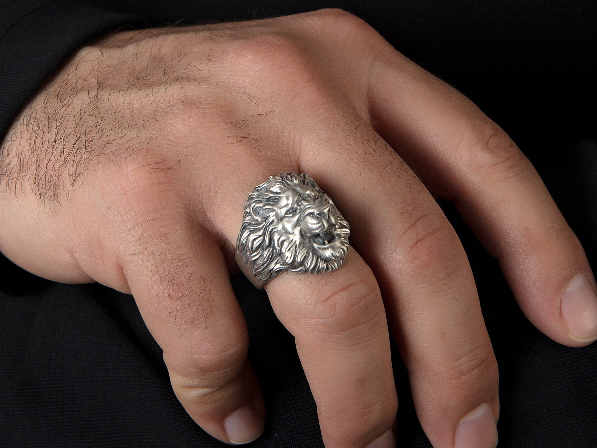 Solid Silver Lion Head Ring, Wild African Lion Ring, Mens Statement Animal Rings, Men's Oxidized Silver Gifts, Unique Gift For Father's Day