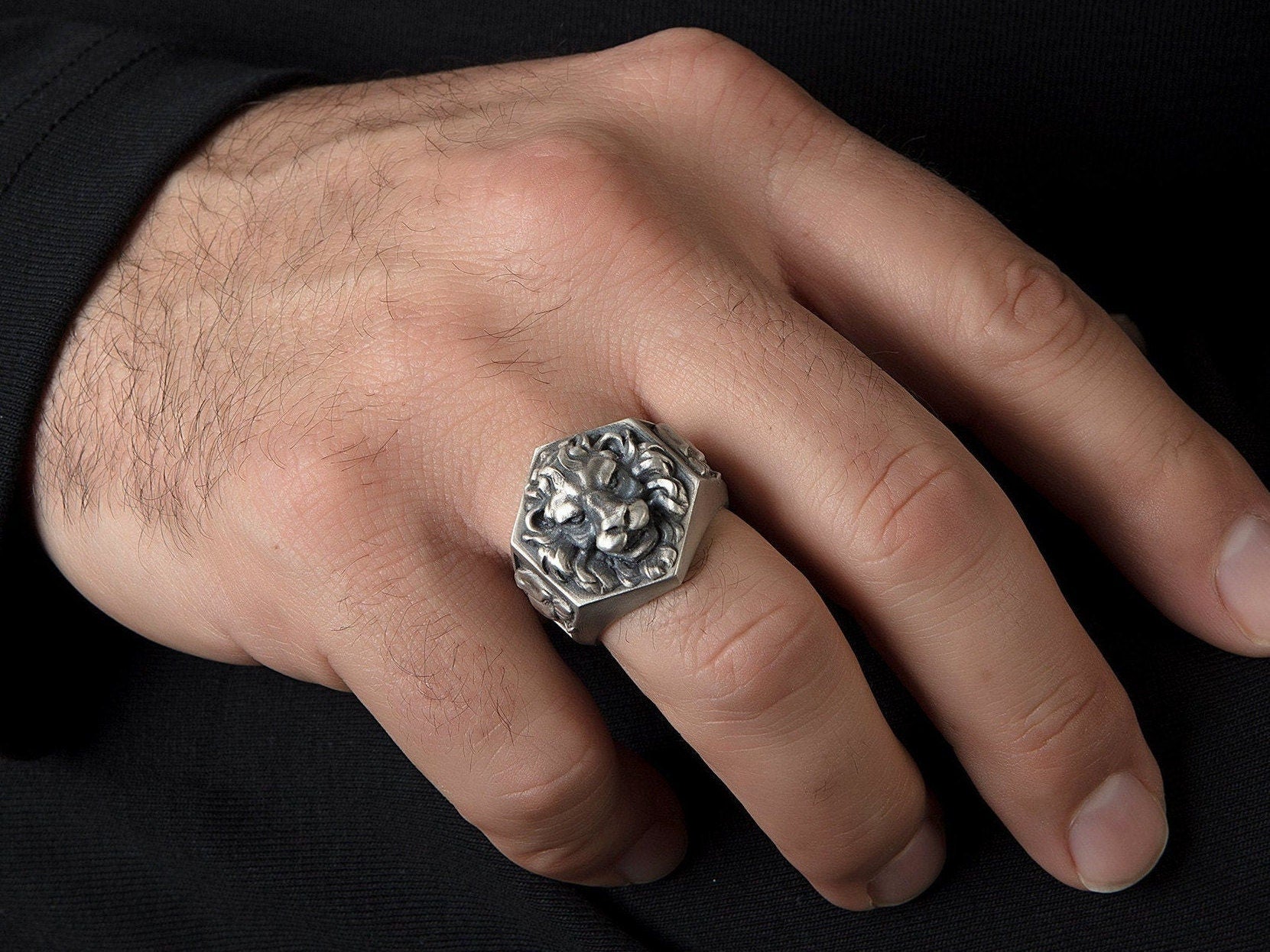 Silver Lion Head Ring, Men's Unique Lion Ring, Oxidized Signet Ring, Gift For Fathers, Statement Animal Rings, Unique Gift For Father's Day
