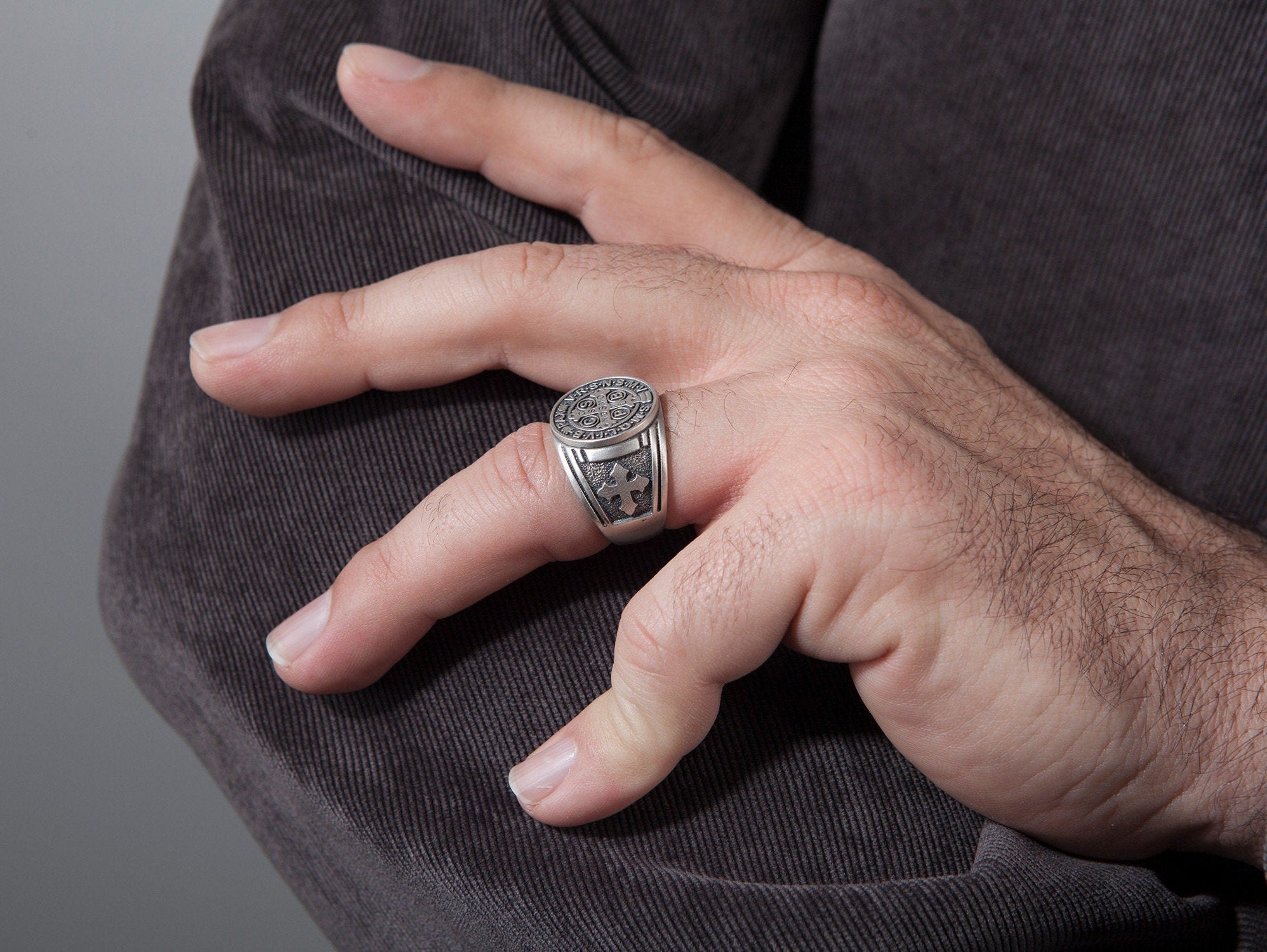 St Benedict Medal Cross Ring, Silver Signet Man Ring, Men's Religious Jewelry, St Benedict Ring, Ring For Men, Unique Gift For Father's Day