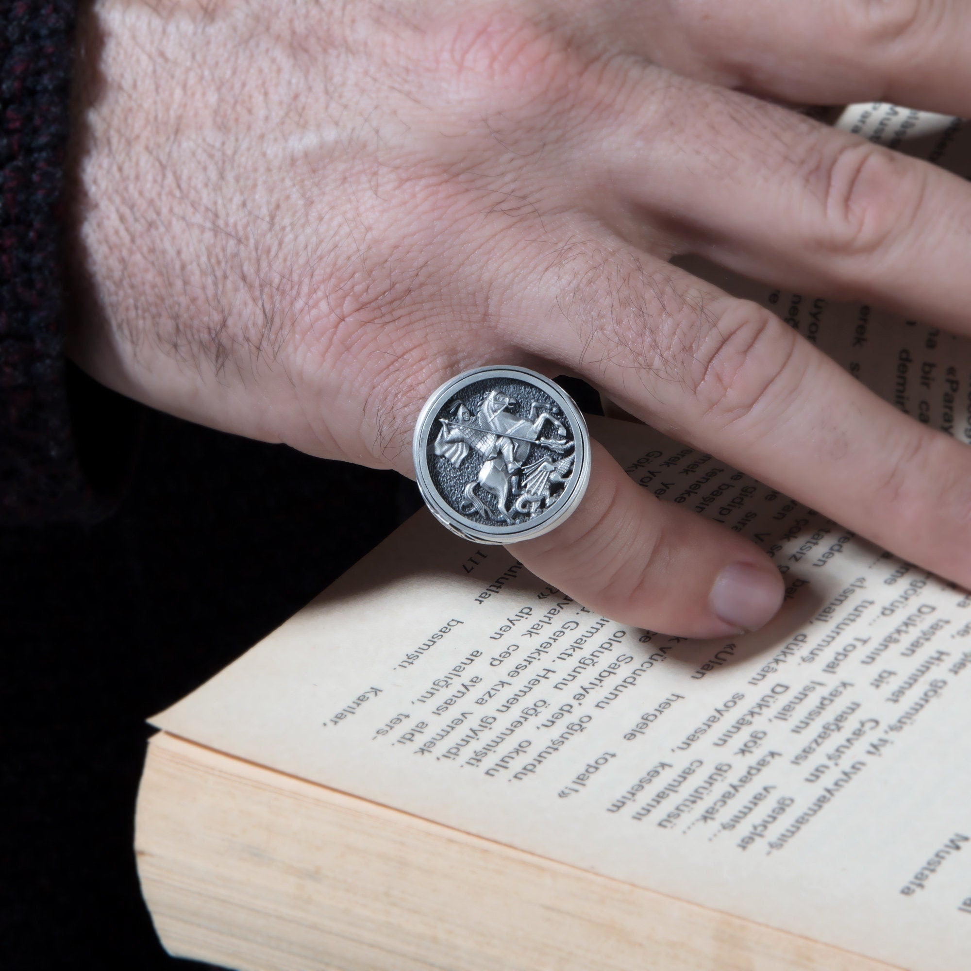 Silver Saint George Ring, St George With The Dragon, Signet Rings For Men, Unique Religious Jewelry For Father, Unique Gift For Father's Day