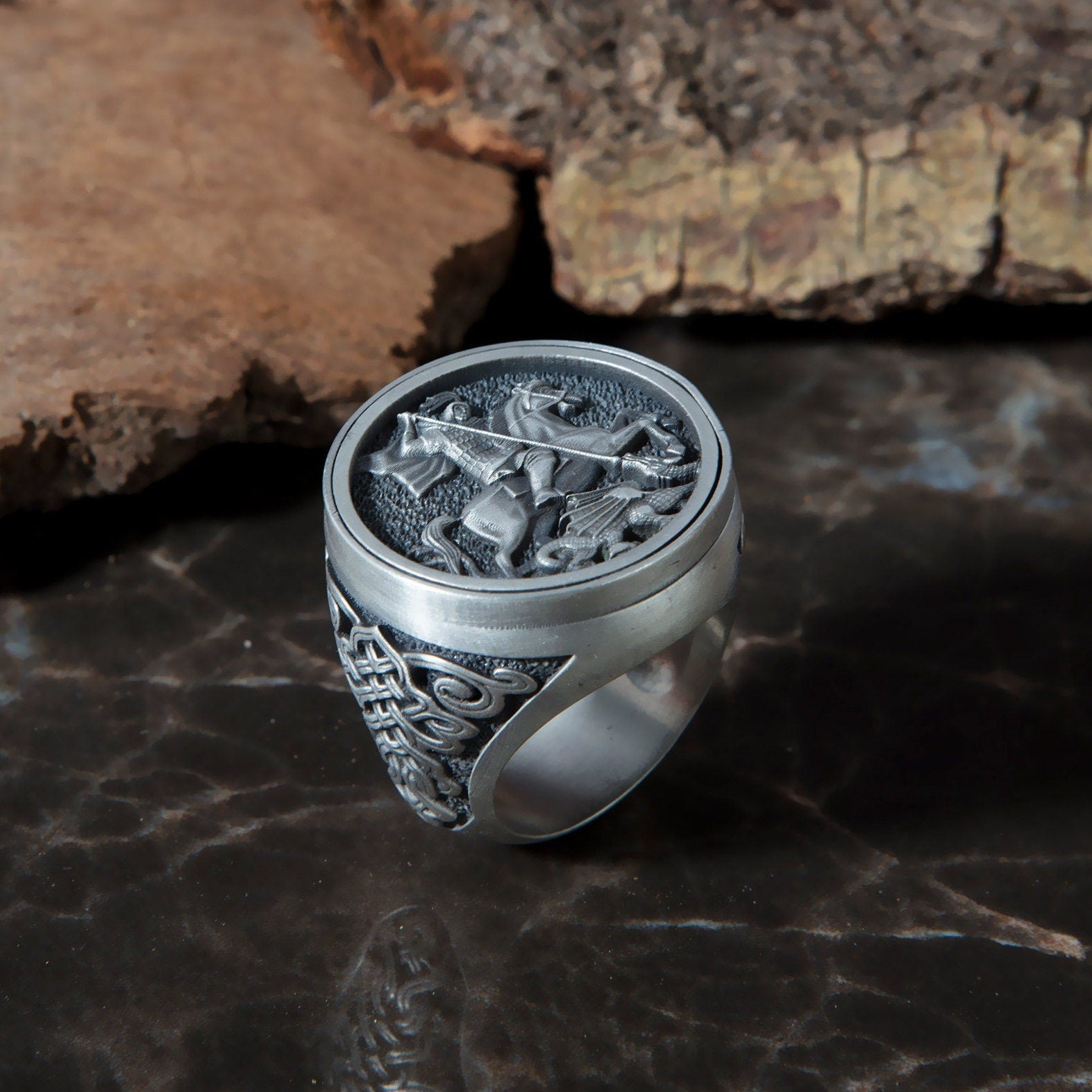 Silver Saint George Ring, St George With The Dragon, Signet Rings For Men, Unique Religious Jewelry For Father, Unique Gift For Father's Day