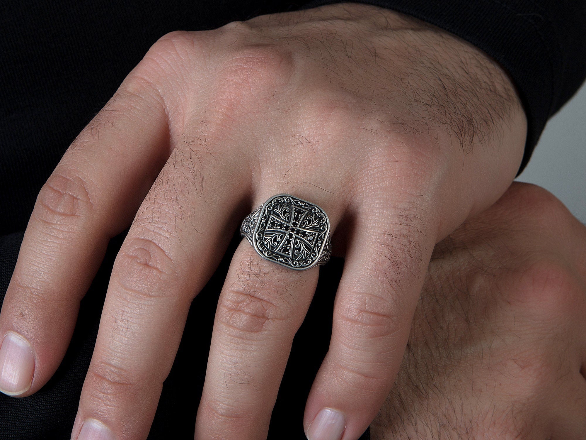 Sterling Silver Cross Ring, Men's Statement Rings, Religious Gifts, Black Diamond Wedding Engagement Man Ring, Unique Gift For Father's Day