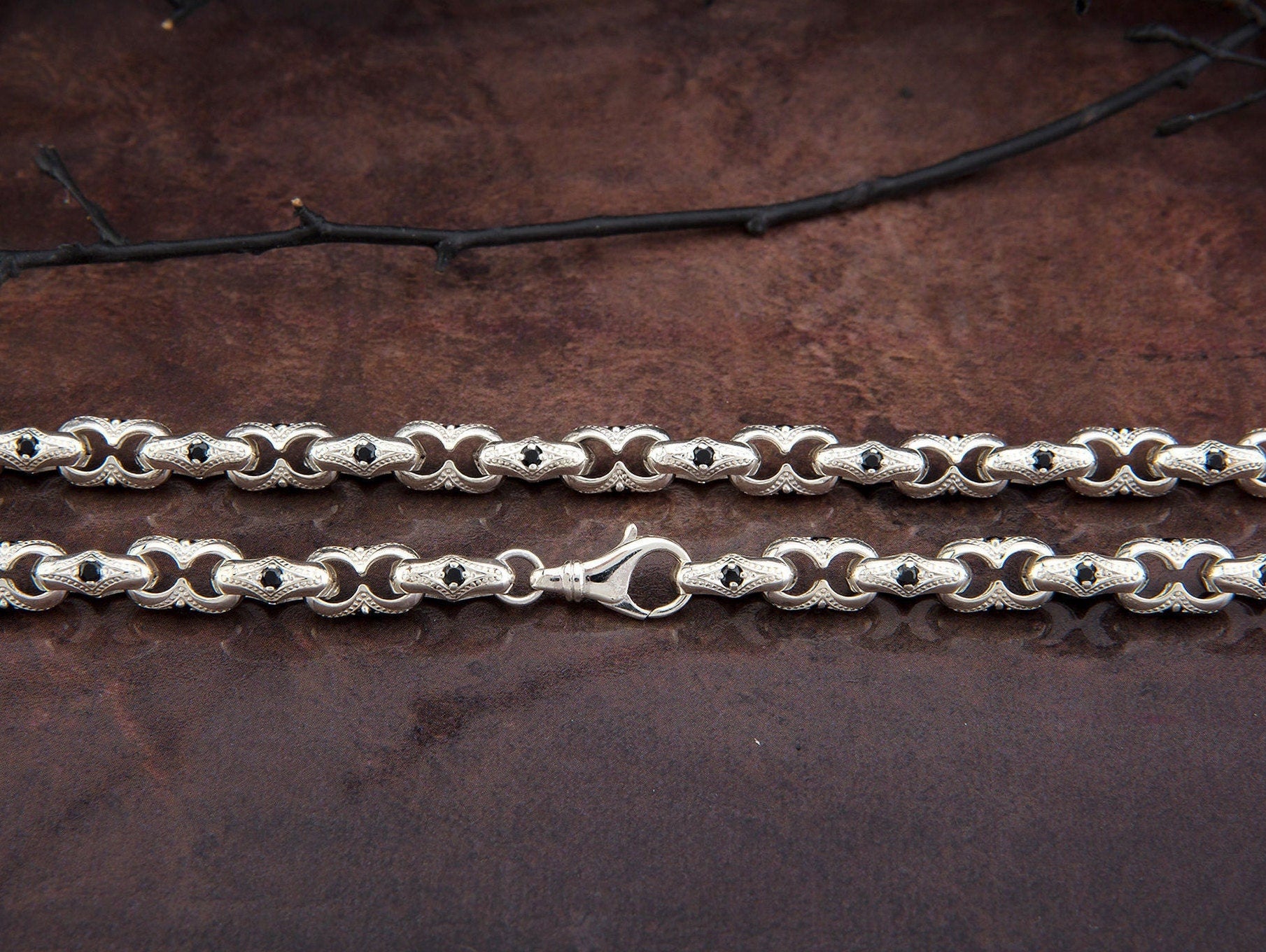 Sterling Silver Chunky Bracelet, Byzantine Chains, Men's Handmade Chain Bracelets, Black Diamond Men Bracelet, Unique Gift For Father's Day