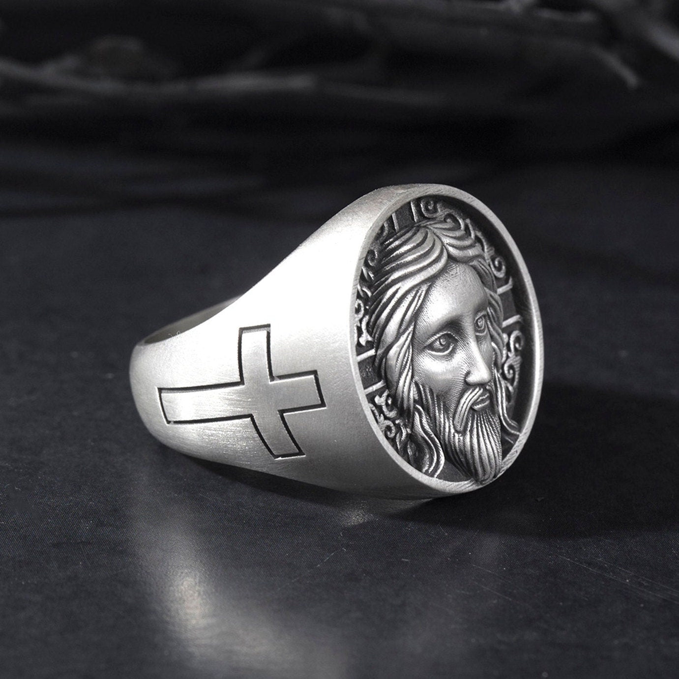 Sterling Silver Cross Ring, Crucifix Jesus Ring, Christ Jesus Face Ring, Men's Religious Rings, Fathers Gifts, Unique Gift For Father's Day