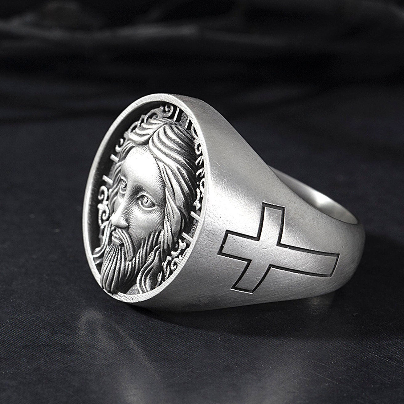 Sterling Silver Cross Ring, Crucifix Jesus Ring, Christ Jesus Face Ring, Men's Religious Rings, Fathers Gifts, Unique Gift For Father's Day