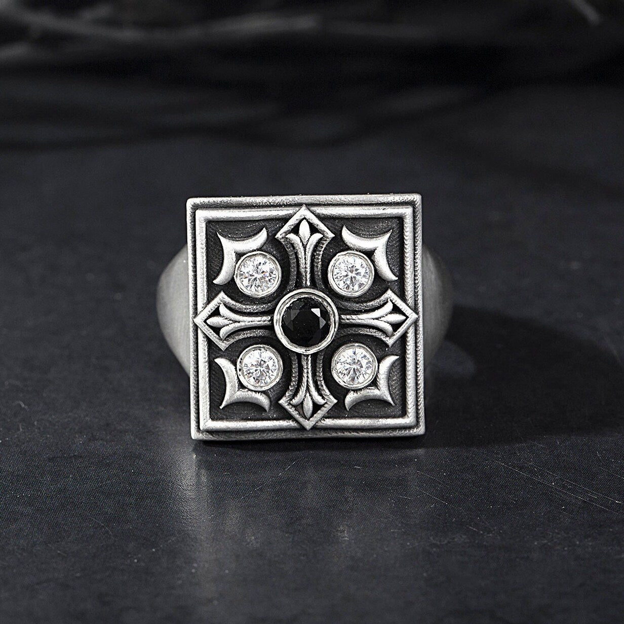 Solid Silver Cross Ring, Men's Engagement Diamond Ring, Religious Man Jewelry, Black Diamond Wedding Men Band, Unique Gift For Father's Day
