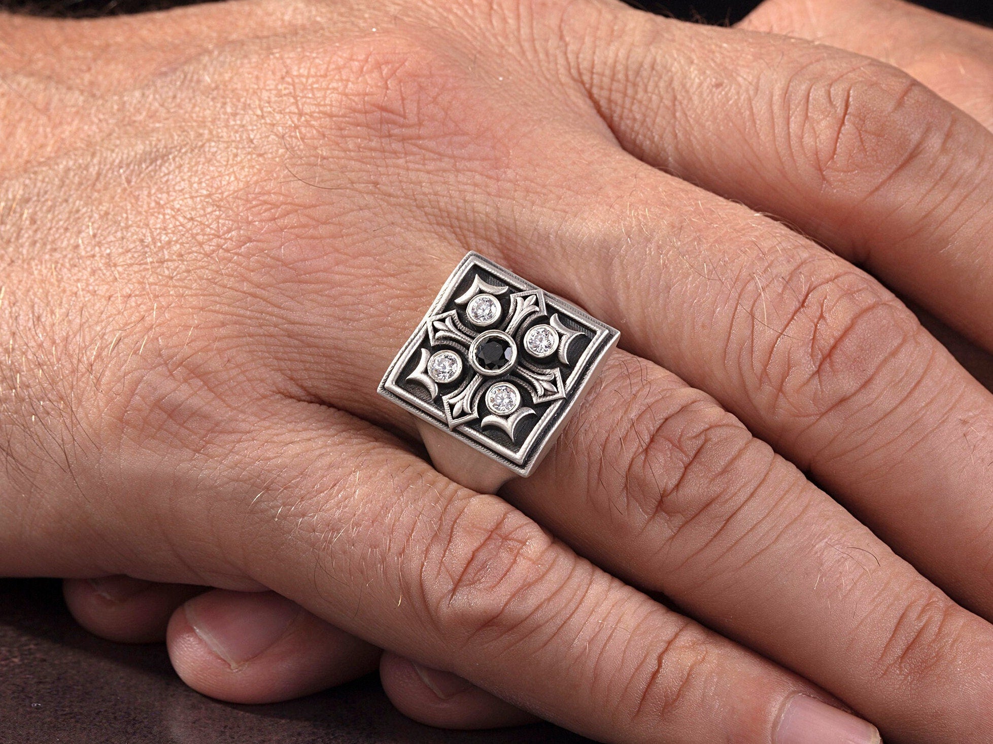 Solid Silver Cross Ring, Men's Engagement Diamond Ring, Religious Man Jewelry, Black Diamond Wedding Men Band, Unique Gift For Father's Day