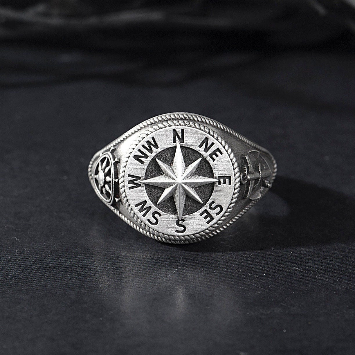 Silver Sailor Man's Compass Ring, Ship Wheel Ring, Anchor Ring, Nautical Compass Ring, Gift Rings for Sailors, Unique Gift For Father's Day