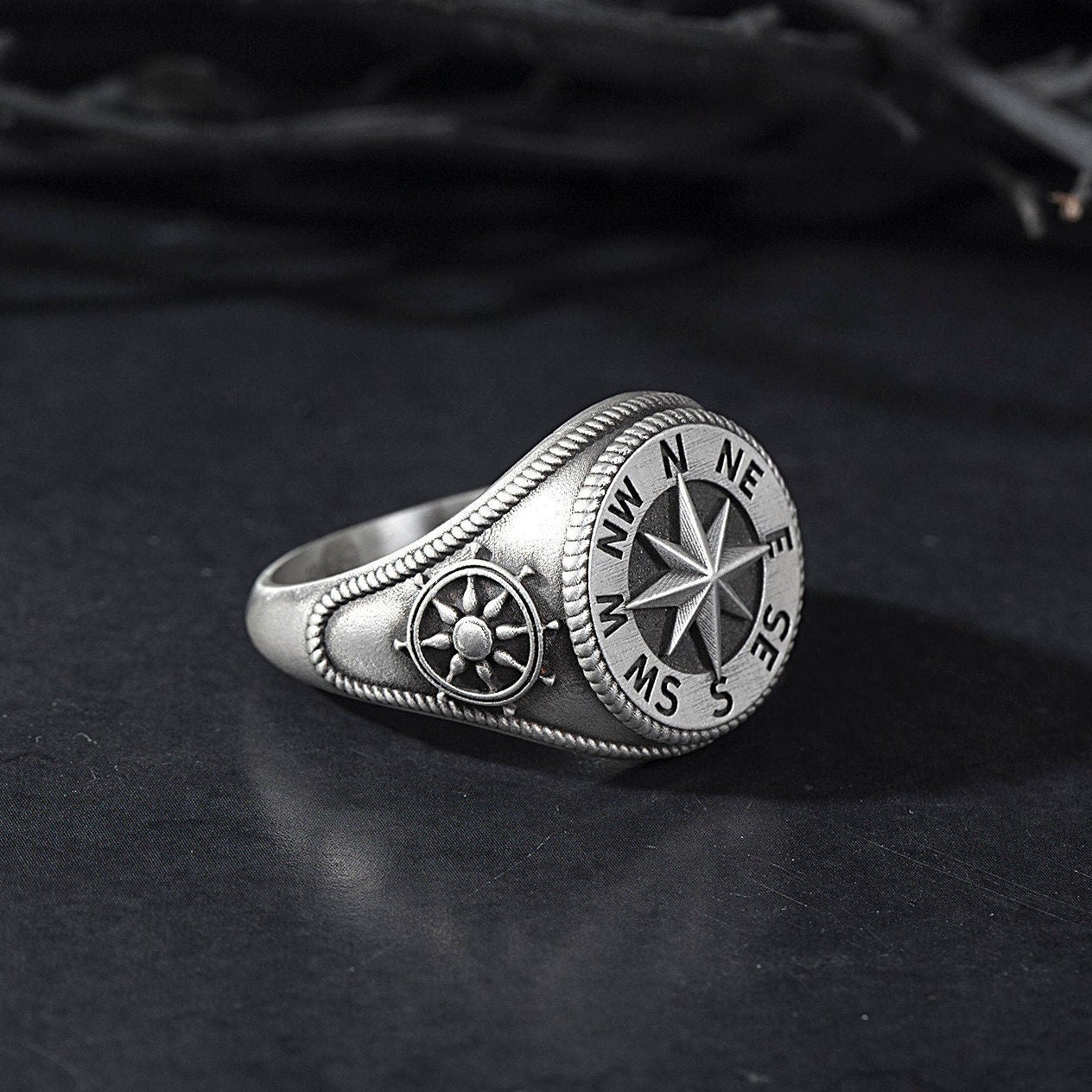 Silver Sailor Man's Compass Ring, Ship Wheel Ring, Anchor Ring, Nautical Compass Ring, Gift Rings for Sailors, Unique Gift For Father's Day