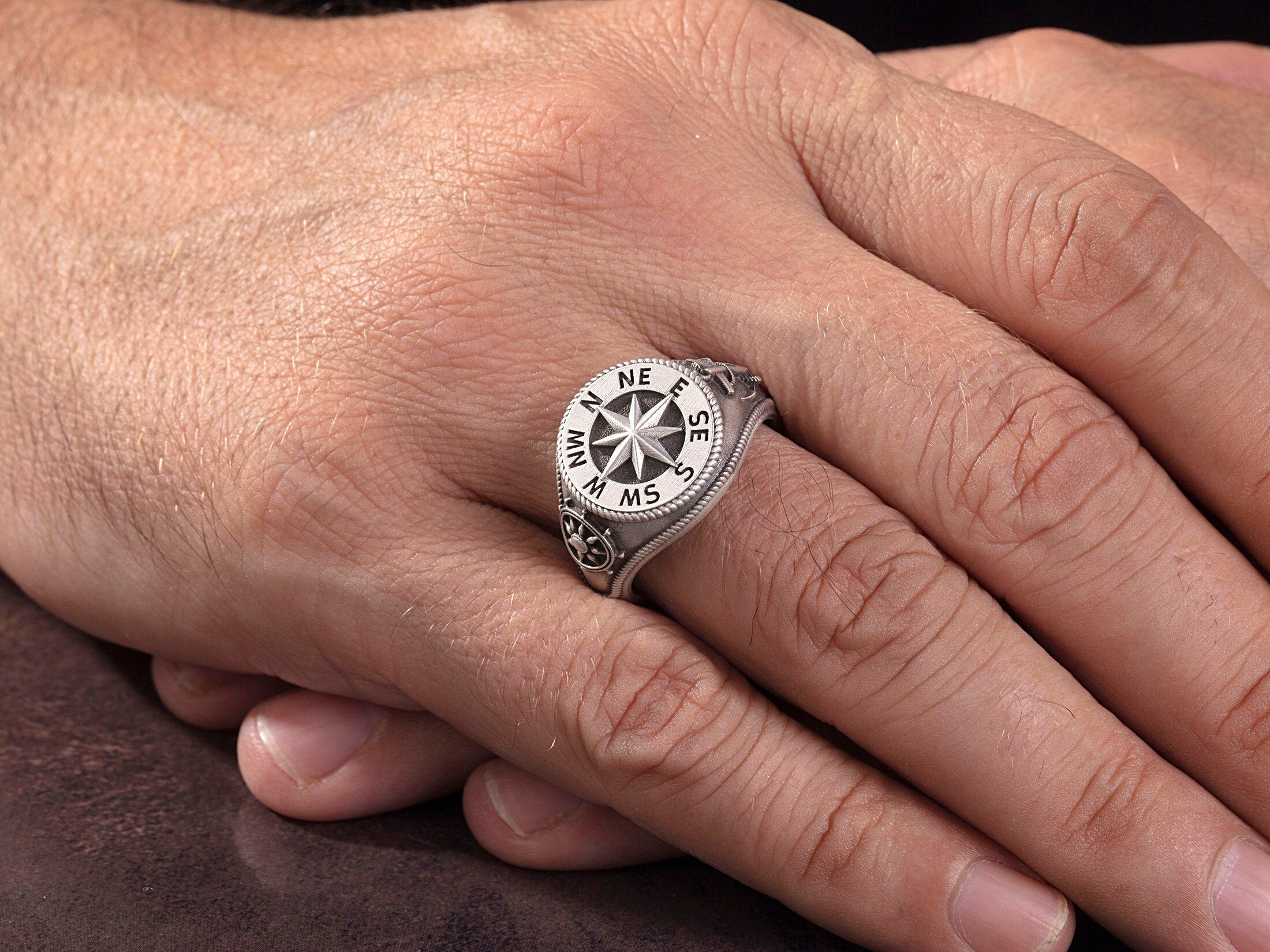 Silver Sailor Man's Compass Ring, Ship Wheel Ring, Anchor Ring, Nautical Compass Ring, Gift Rings for Sailors, Unique Gift For Father's Day