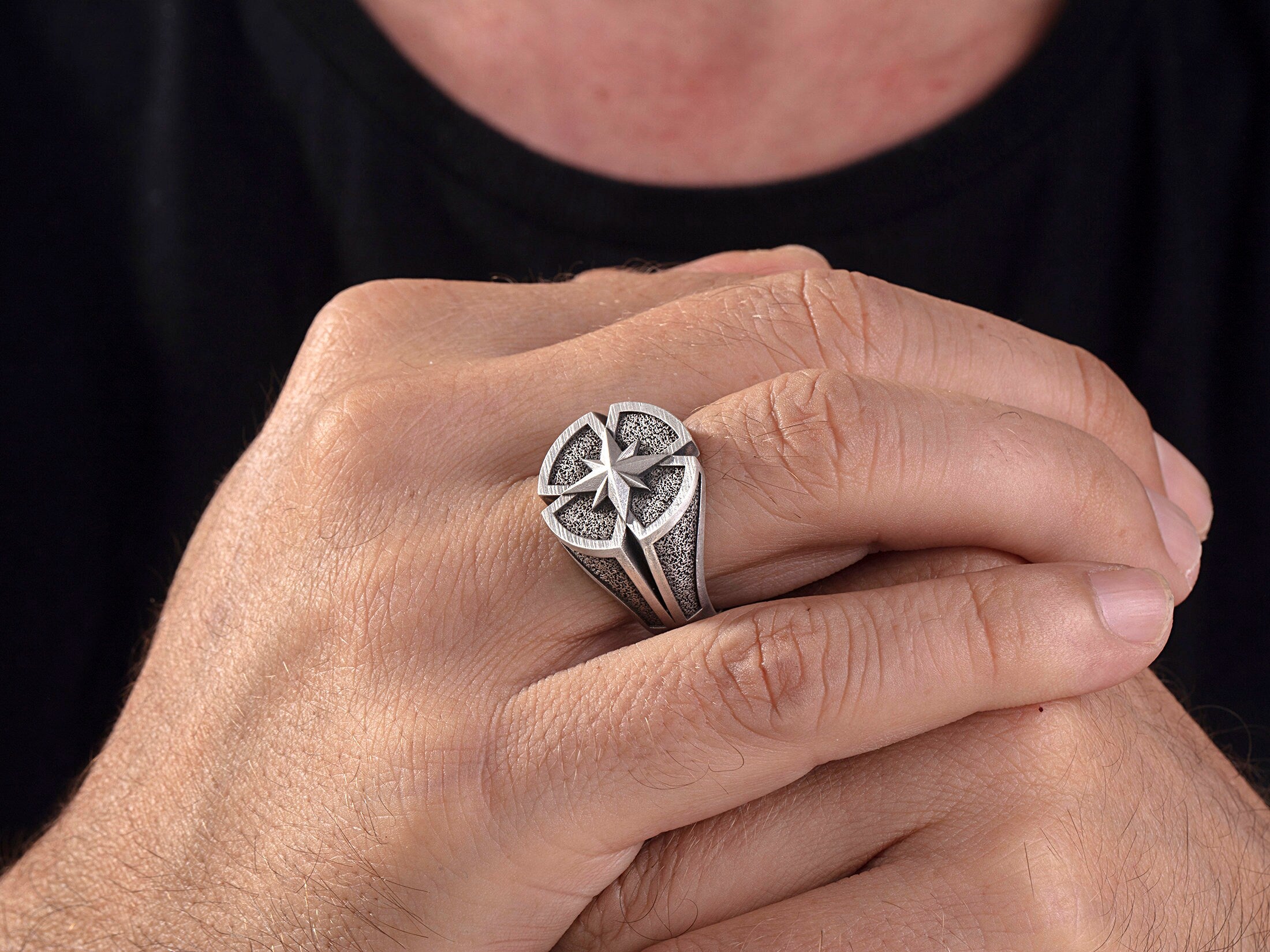Sterling Silver North Star Rings, Nautical Compass Ring, Gift for Fathers, Fisherman Rings, Compass Rose Ring, Unique Gift For Father's Day