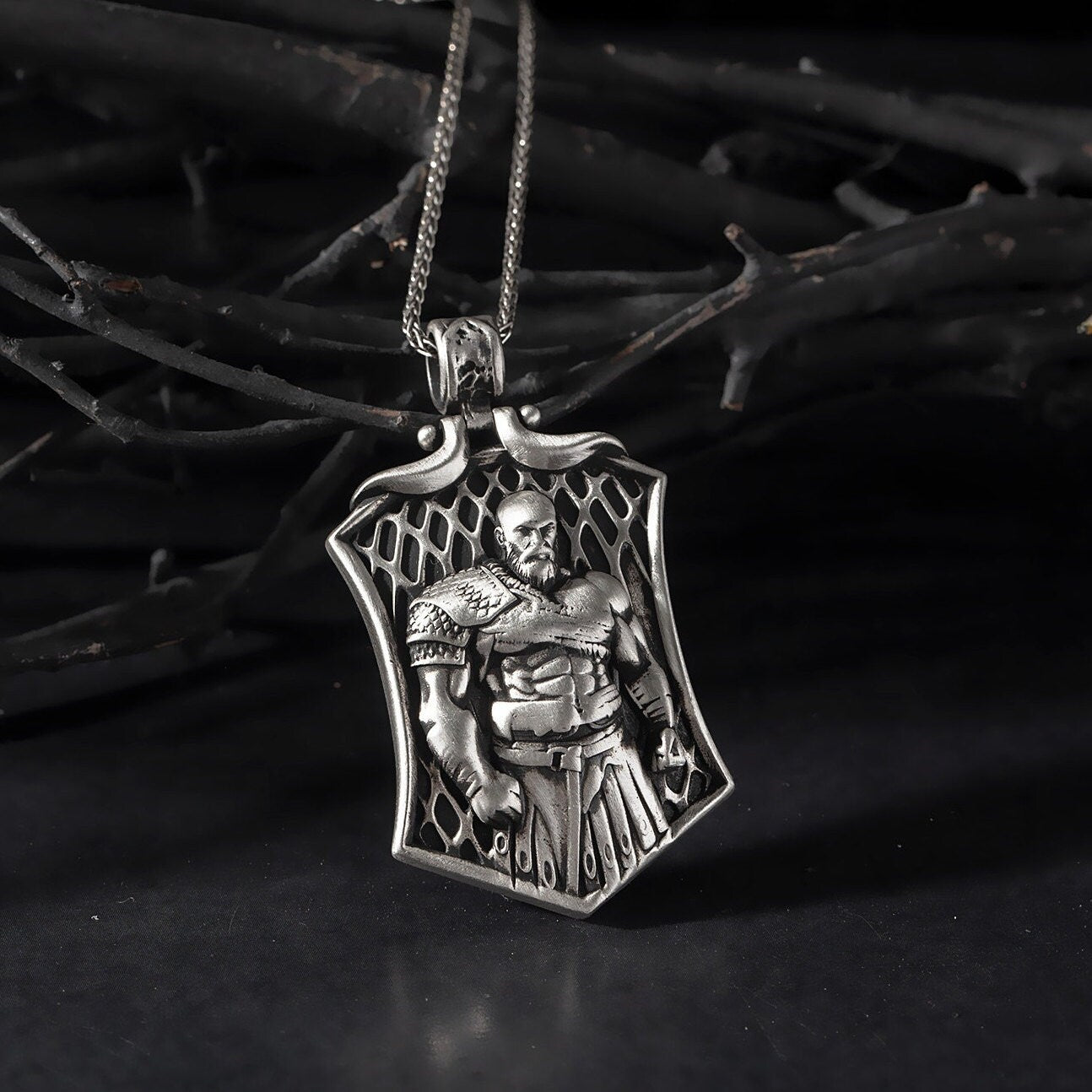 Sterling Silver Kratos Pendant, Viking Warrior Man Jewelry, God Of War Kratos Necklace, Scandinavian Pendants, Unique Gift For Father's Day