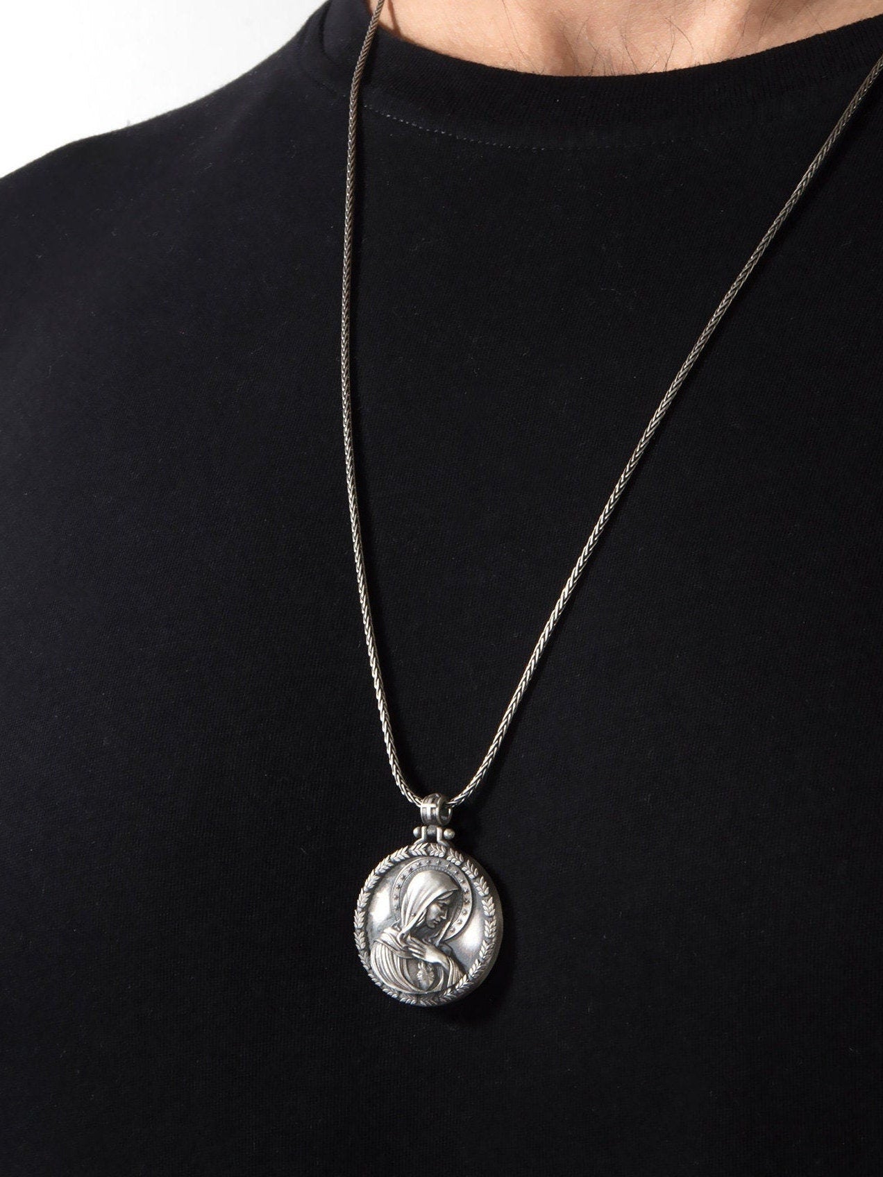 Virgin Mary Solid Silver Necklace, Miraculous Virgin Mary Pendant, Holy Mary Necklace, Religious Men Necklace, Unique Gift For Father's Day
