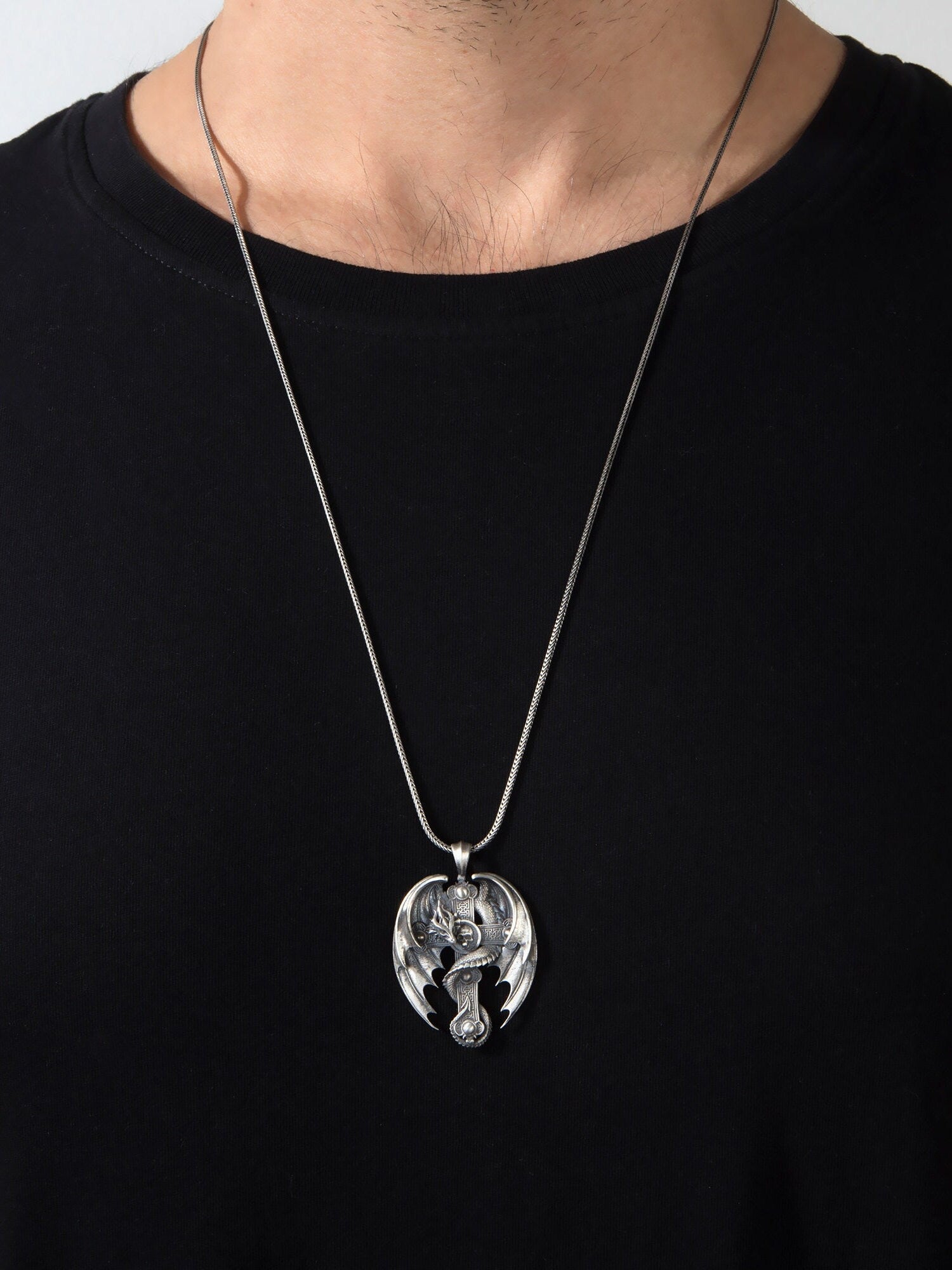 Solid Silver Dragon Necklace, Cross Pendants, Religious Jewelry, Catholic Crucifix Necklace, Gift For Fathers, Unique Gift For Father's Day