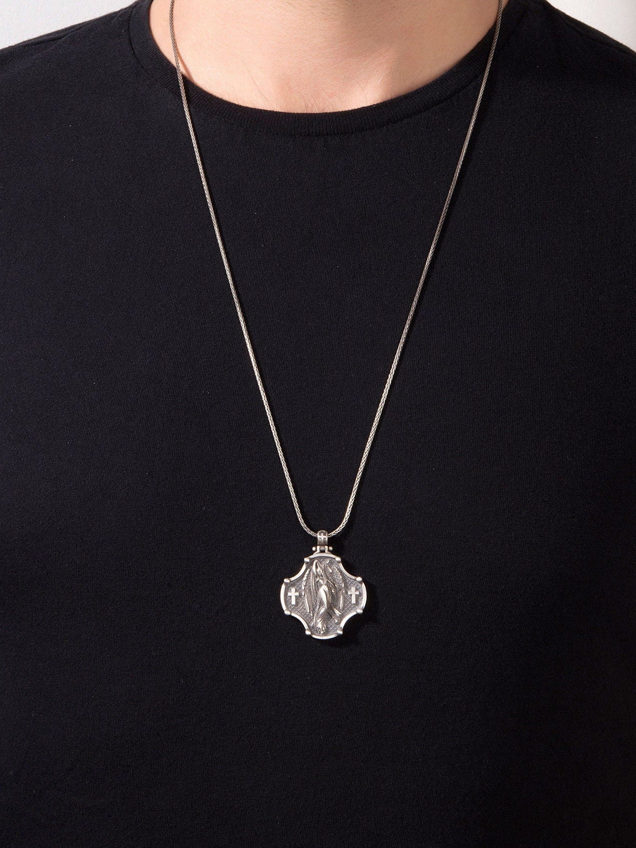 Sterling Silver Angel Pendant, Angel Wings Necklace, Christian Jewelry, Night Angel Necklace, Religious Gifts, Unique Gift For Father's Day