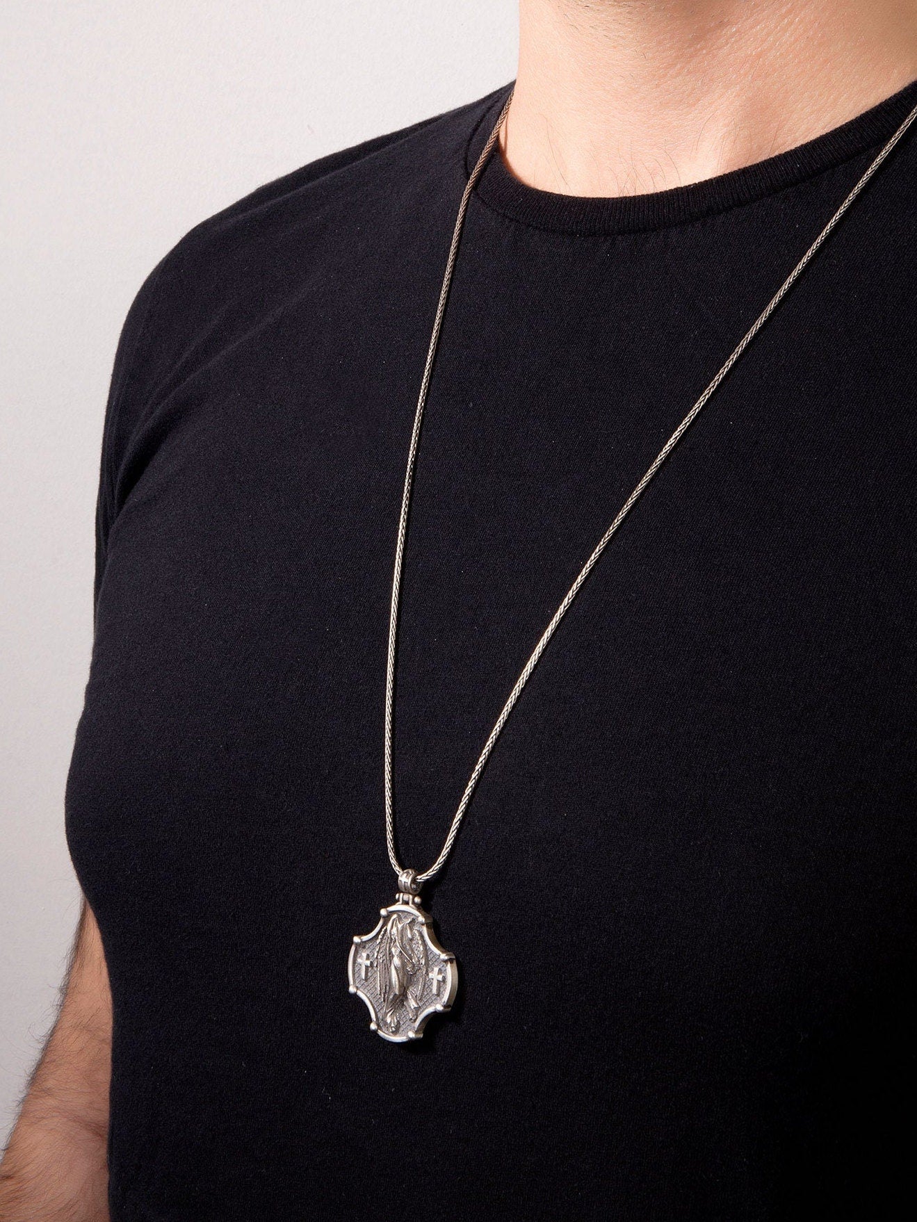 Sterling Silver Angel Pendant, Angel Wings Necklace, Christian Jewelry, Night Angel Necklace, Religious Gifts, Unique Gift For Father's Day