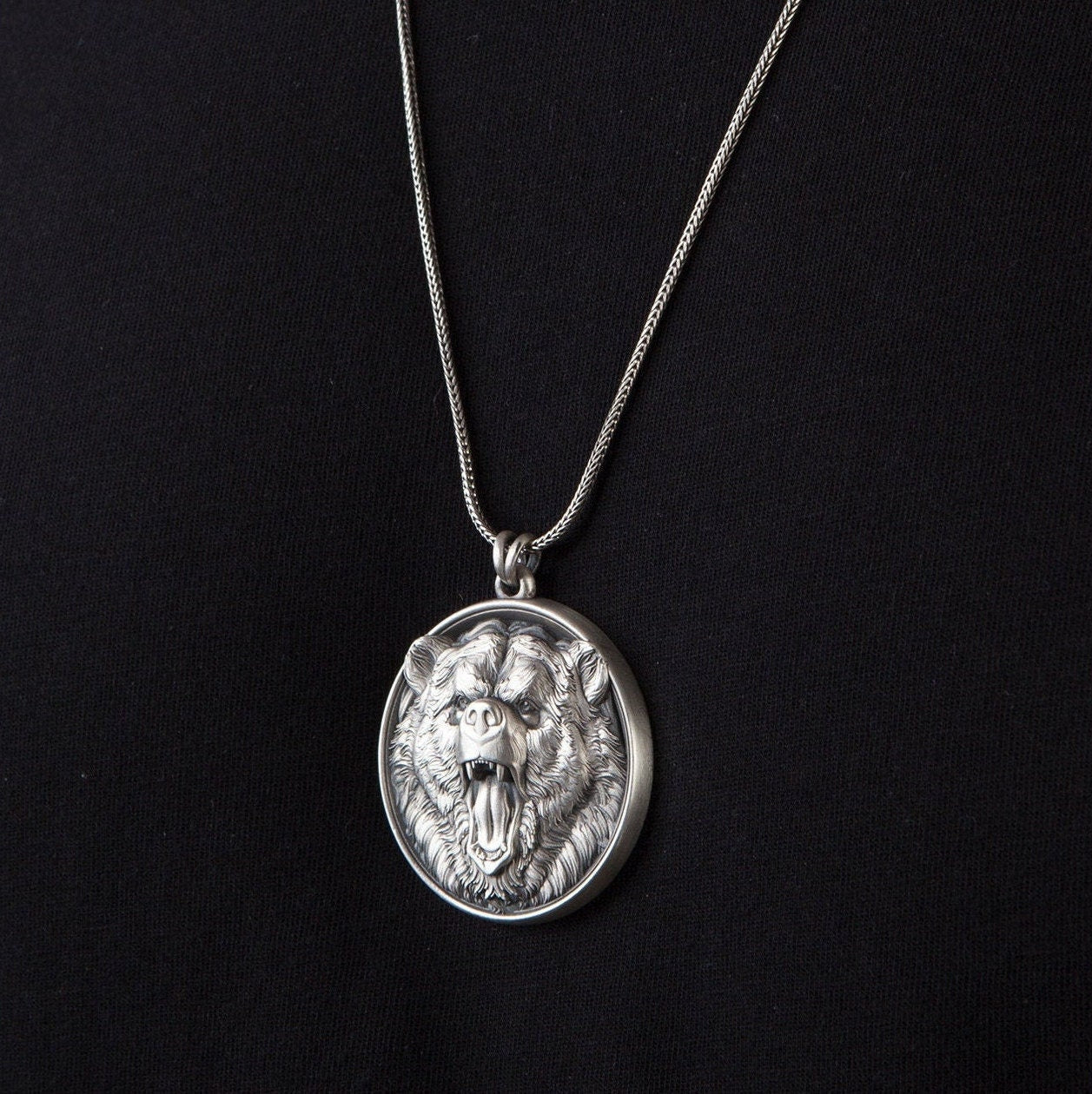 Sterling Silver Bear Pendant, Animal Pendants, Bear Medallion, Bear Head Necklaces, Jewelry For Gift For Men, Unique Gift For Father's Day