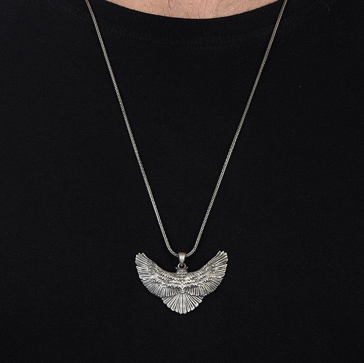 Solid Silver Owl Necklace, Owl Pendant, Animal Necklace, Gift For Mens, Winged Owl Necklace, Gift For Fathers, Unique Gift For Father's Day