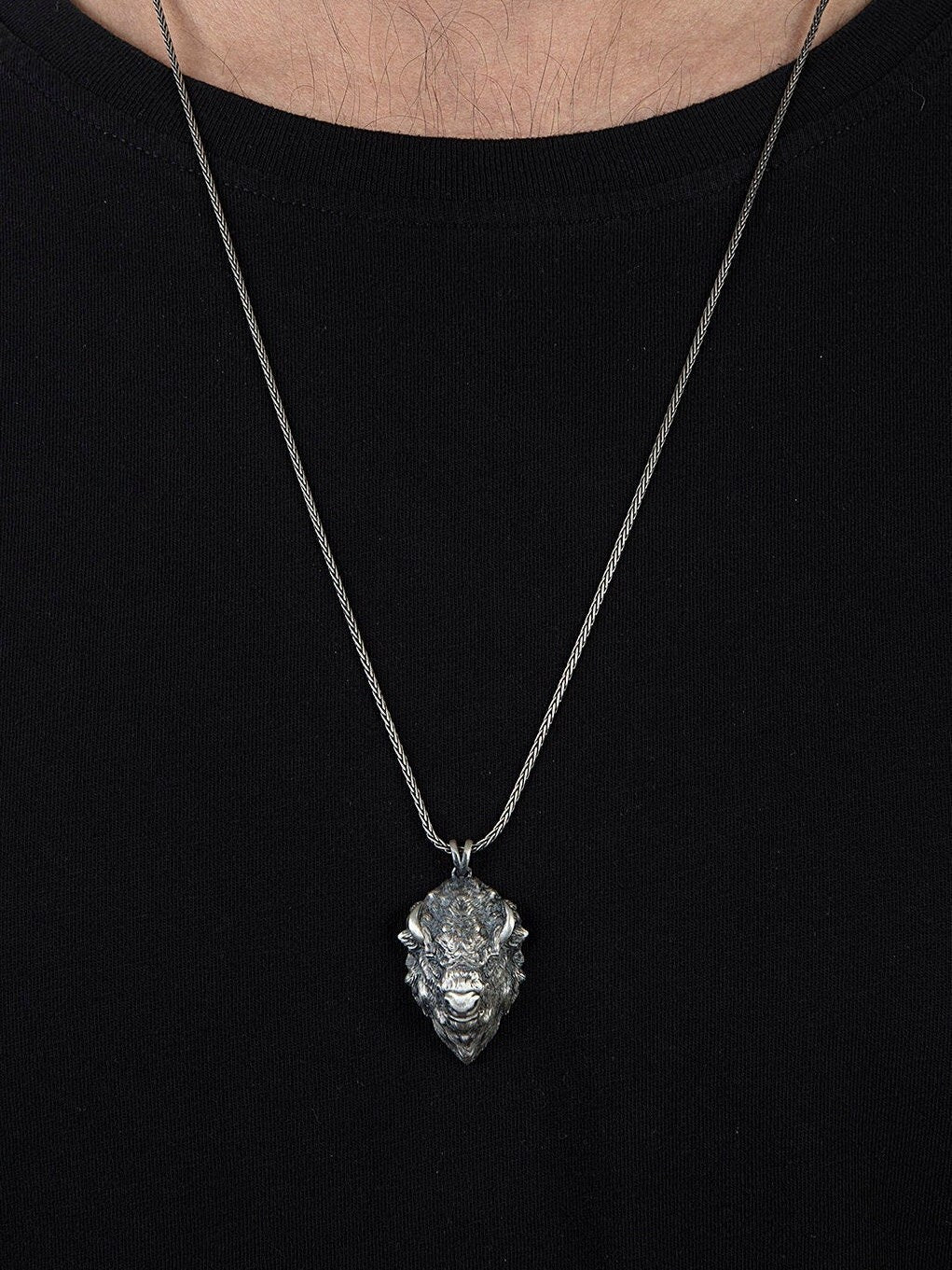 Solid Silver Buffalo Necklace, Jewelry Gift For Boyfriends, Gift For Father's, Buffalo Head Necklace For Mens, Unique Gift For Father's Day