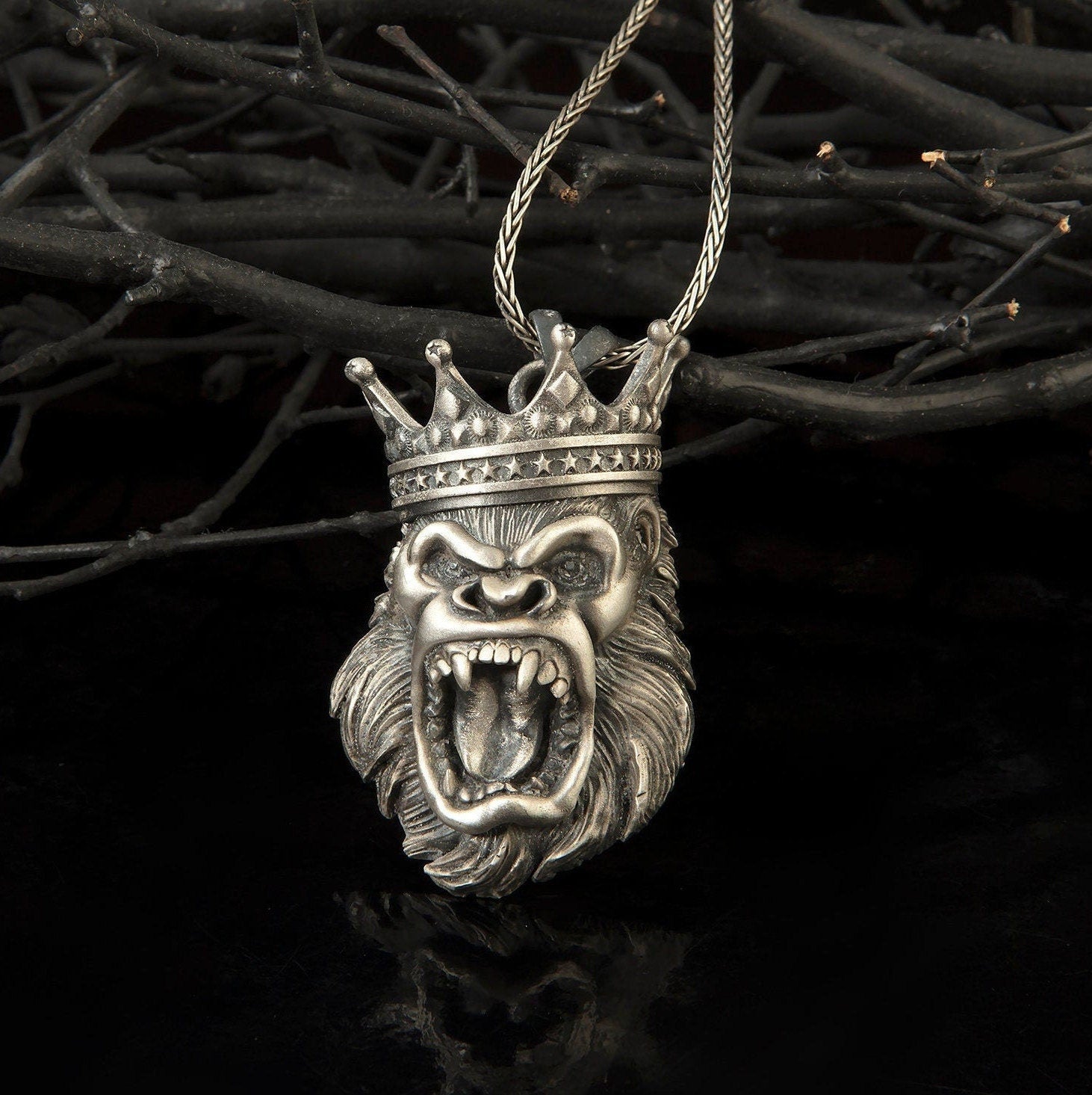 Sterling Silver Gorilla Necklace, King Crowned Gorilla Pendant, Monkey Pendant, Gift For Man, Animal Pendants, Unique Gift For Father's Day